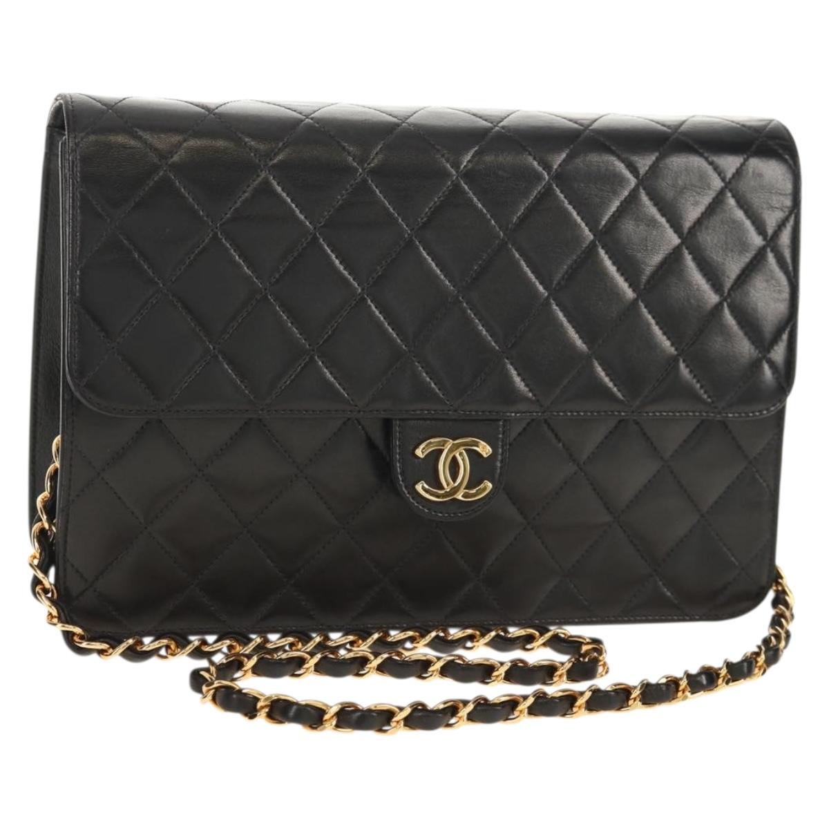 CHANEL Chain Shoulder Bag Lamb Skin Black Gold CC Auth 148654AM