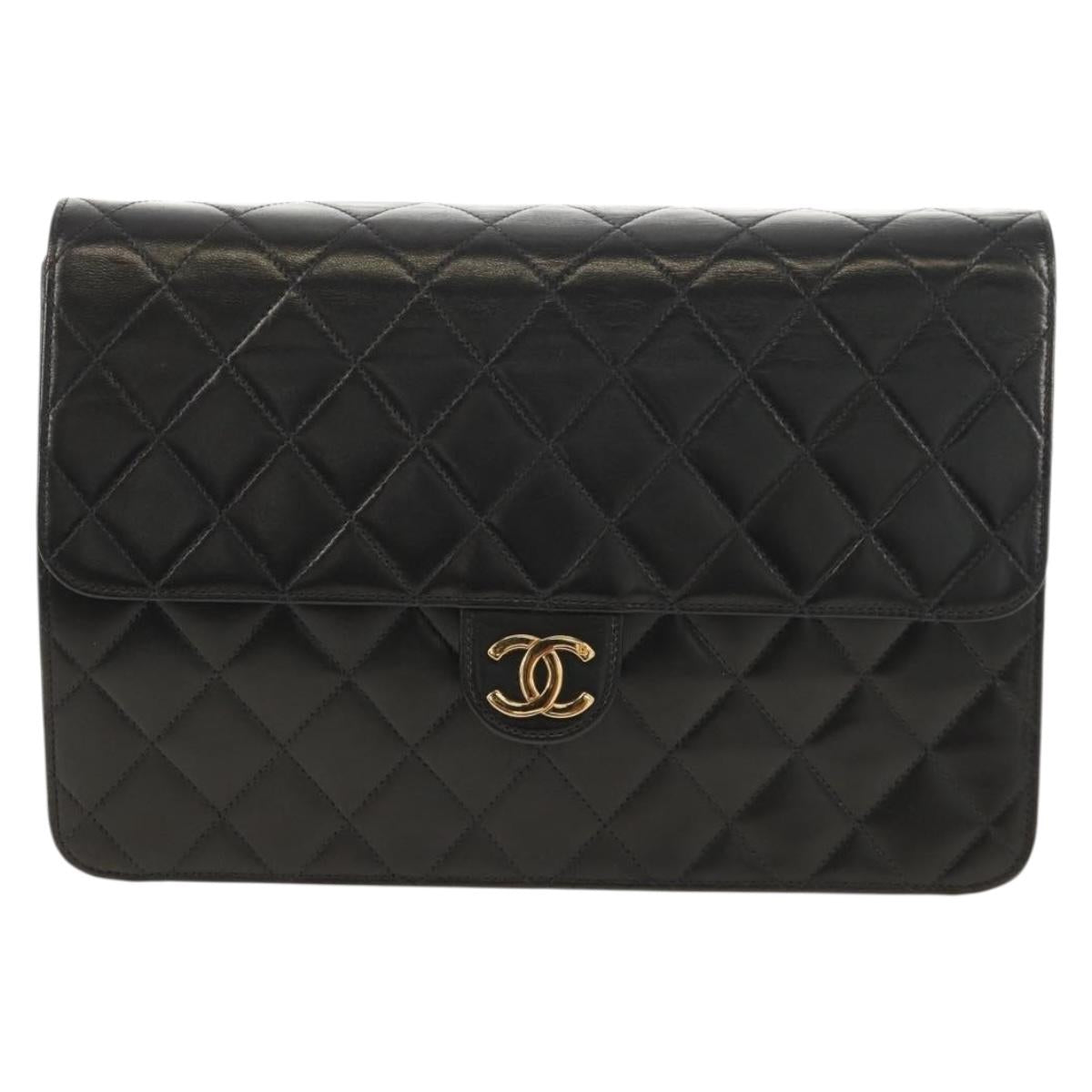 CHANEL Chain Shoulder Bag Lamb Skin Black Gold CC Auth 148654AM