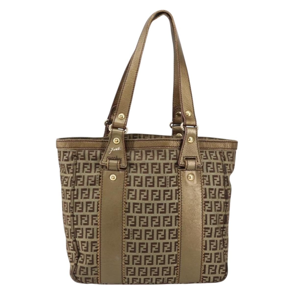 FENDI Zucchino Canvas Hand Bag Beige Black gold Auth 148659
