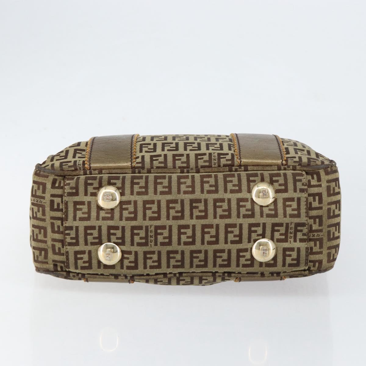 FENDI Zucchino Canvas Hand Bag Beige Black gold Auth 148659