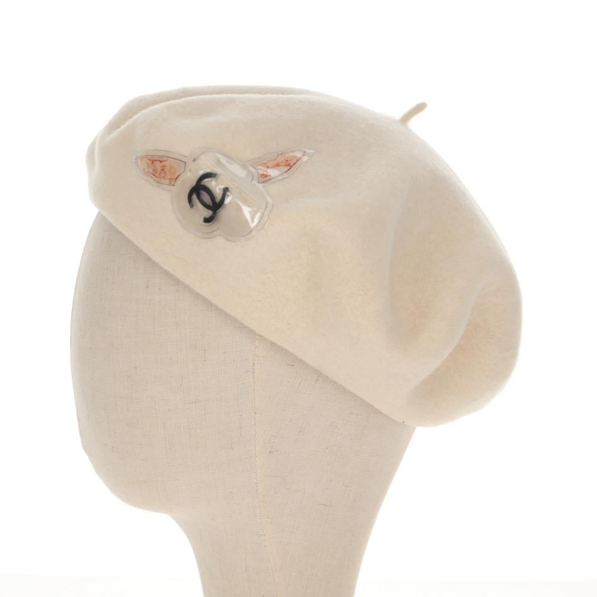 CHANEL Camellia Beret Cap Wool Cream CC Auth 148661M