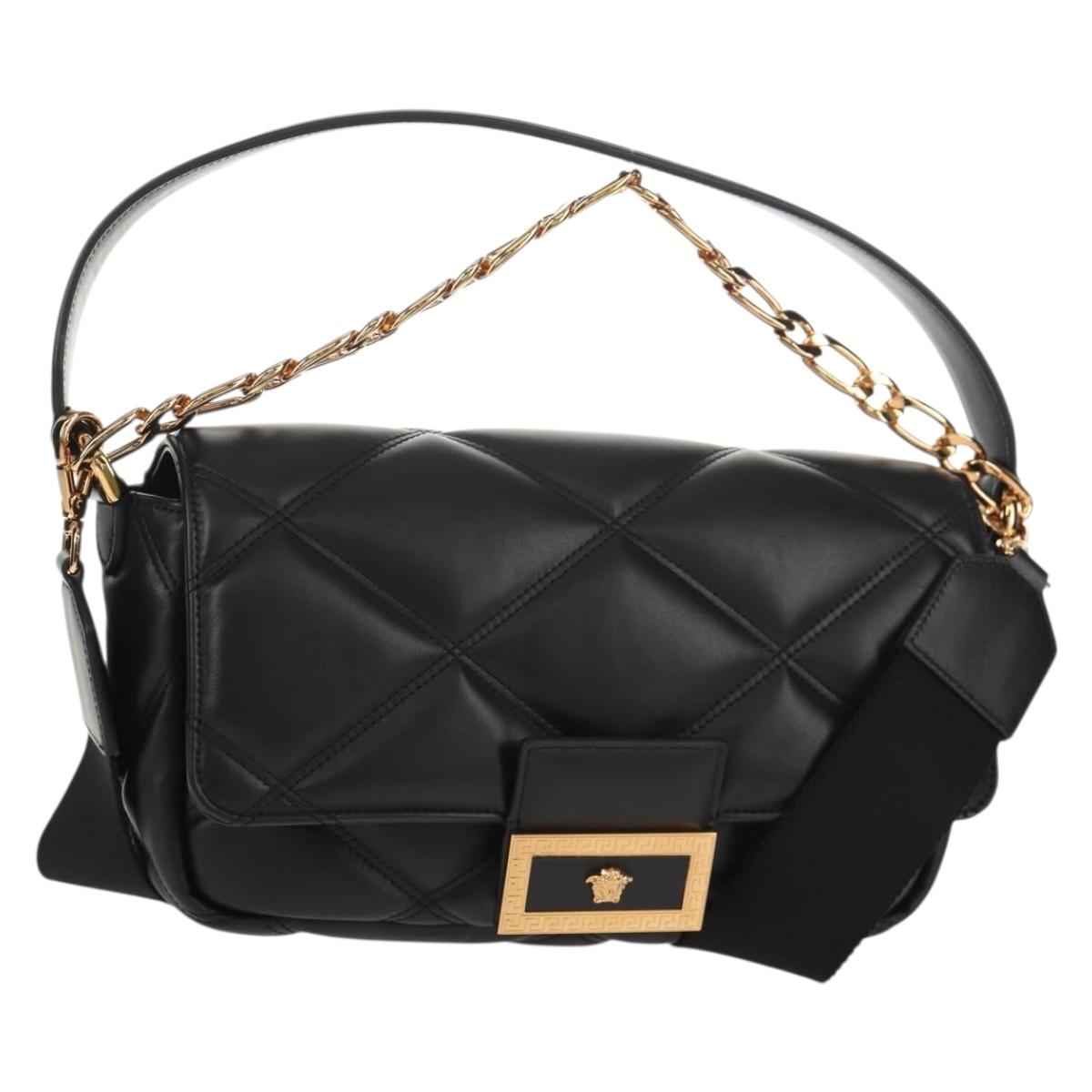VERSACE Shoulder Bag Leather Black Gold Auth 148667V