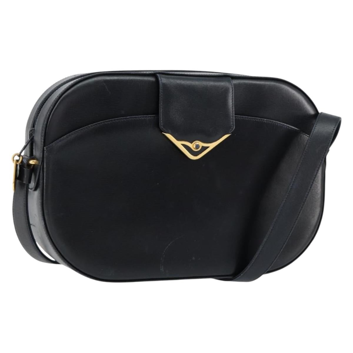 CARTIER Shoulder Bag Leather Black Gold Auth 148672