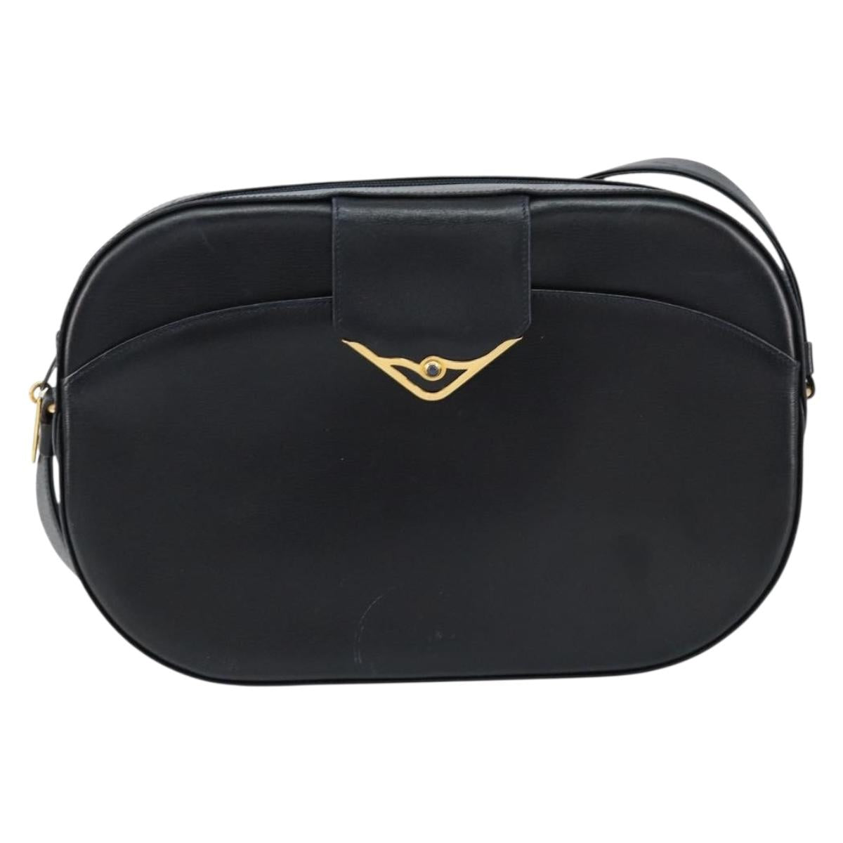 CARTIER Shoulder Bag Leather Black Gold Auth 148672