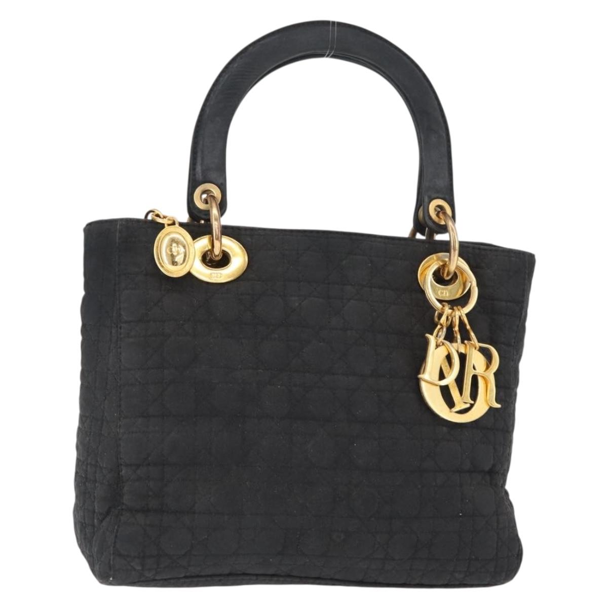 Christian Dior Canage Lady Dior Hand Bag Nylon Black Gold Auth 148681