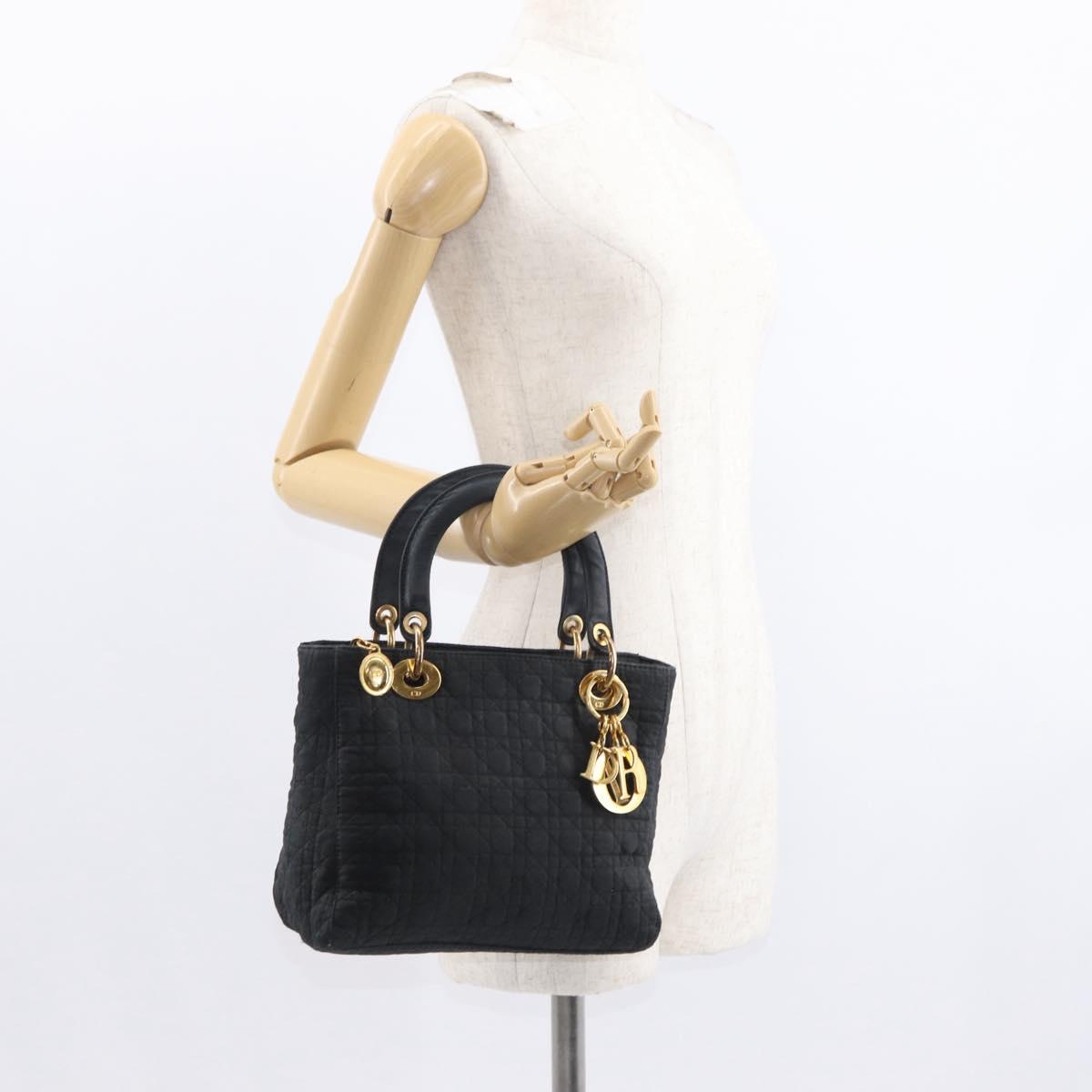 Christian Dior Canage Lady Dior Hand Bag Nylon Black Gold Auth 148681