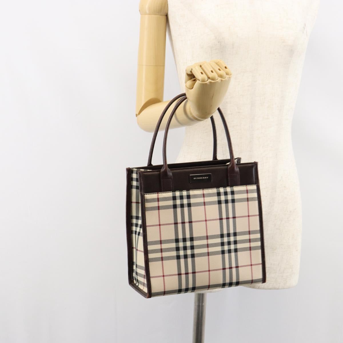 BURBERRY Nova Check Hand Bag Canvas Beige Silver Auth 148686
