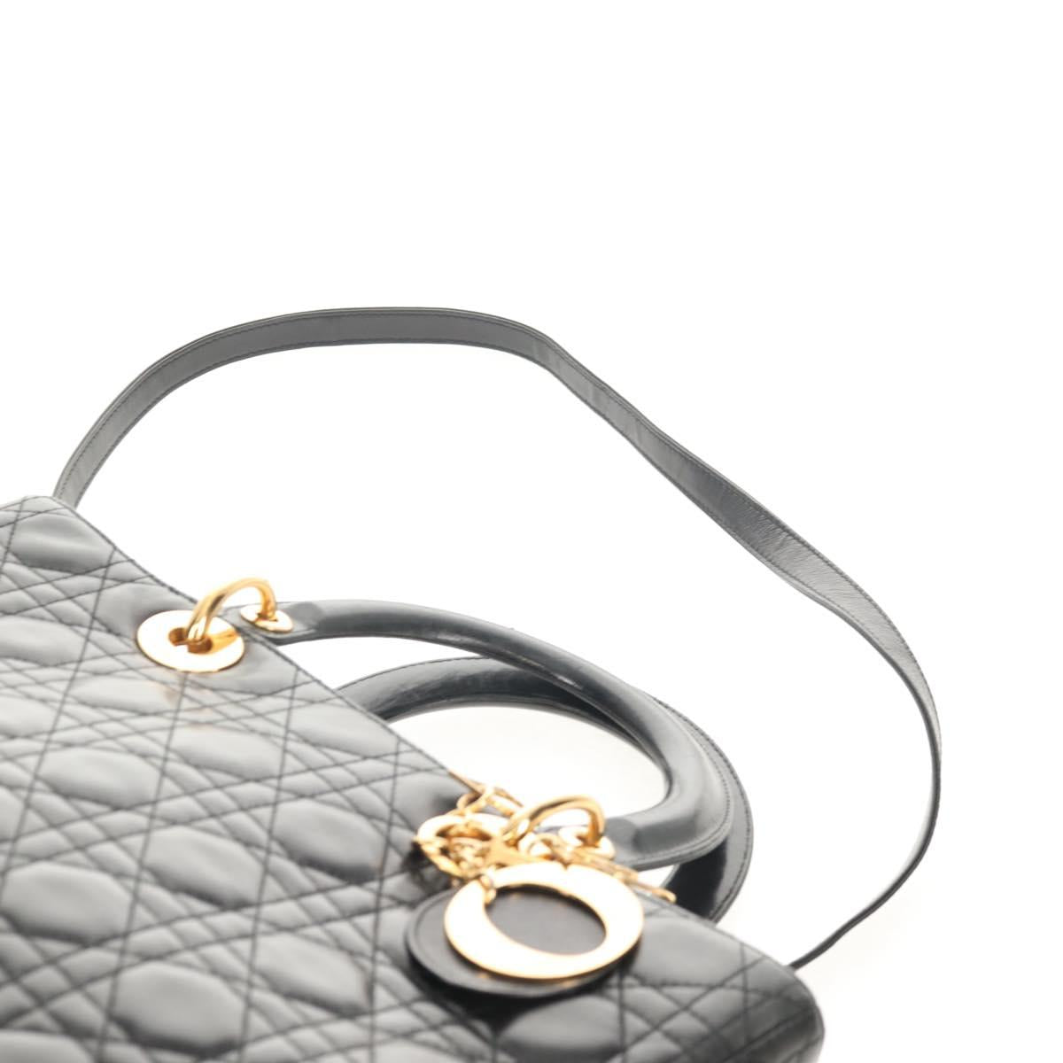 Christian Dior Canage Lady Dior Hand Bag Lamb Skin 2way Black Gold Auth 148689V