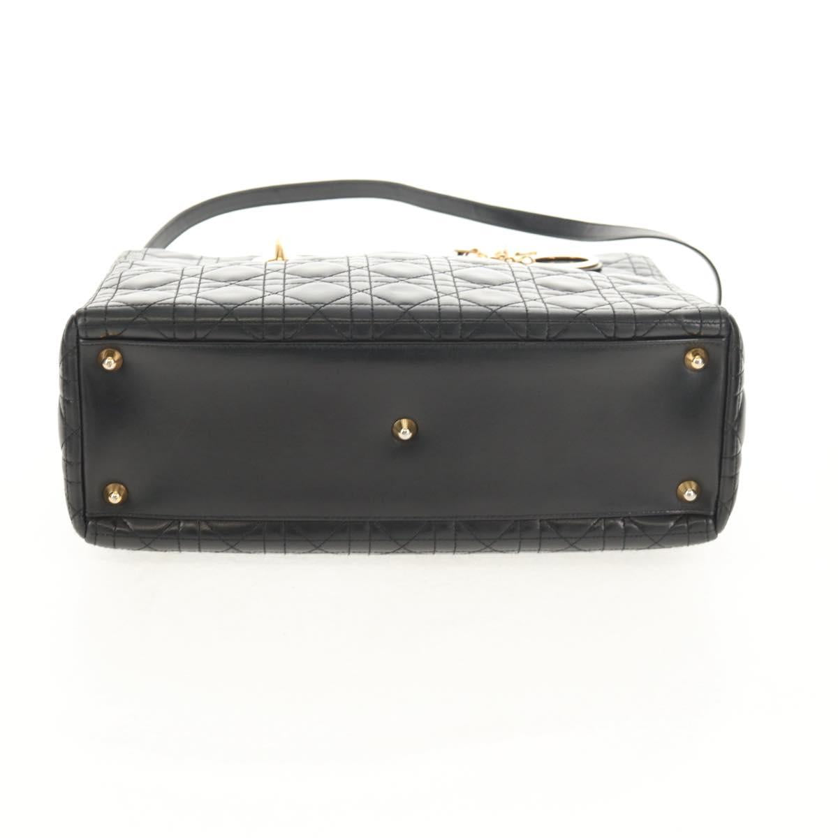 Christian Dior Canage Lady Dior Hand Bag Lamb Skin 2way Black Gold Auth 148689V