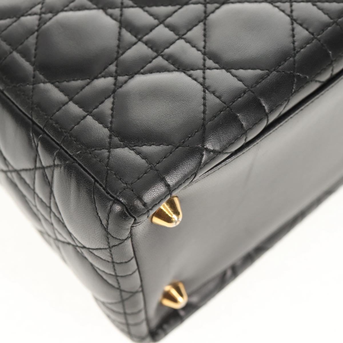 Christian Dior Canage Lady Dior Hand Bag Lamb Skin 2way Black Gold Auth 148689V