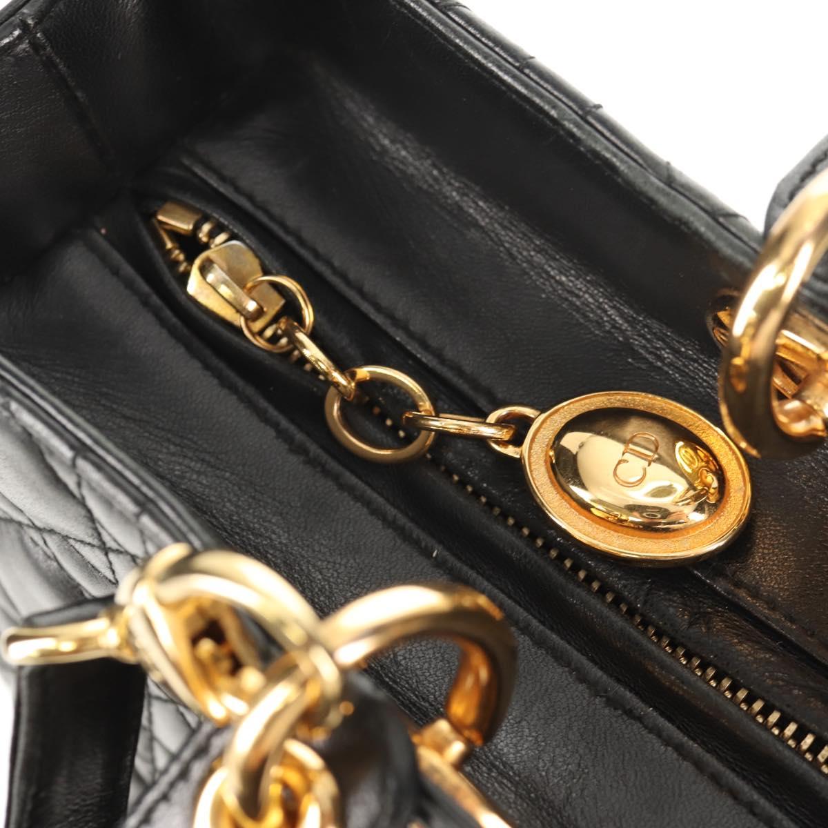 Christian Dior Canage Lady Dior Hand Bag Lamb Skin 2way Black Gold Auth 148689V