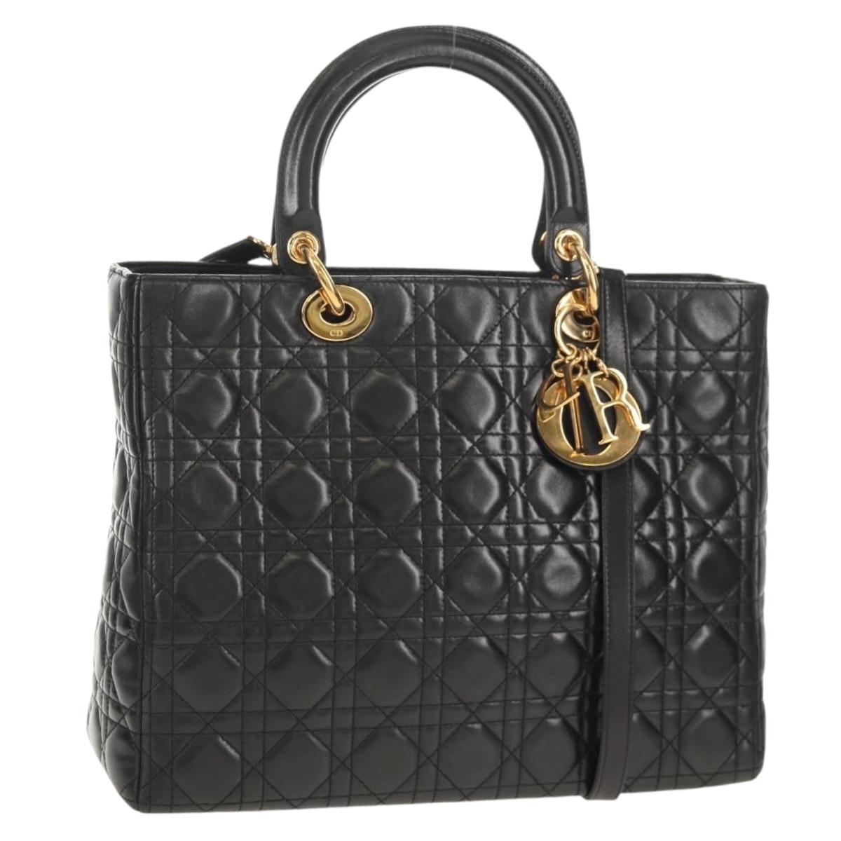 Christian Dior Canage Lady Dior Hand Bag Lamb Skin 2way Black Gold Auth 148689V
