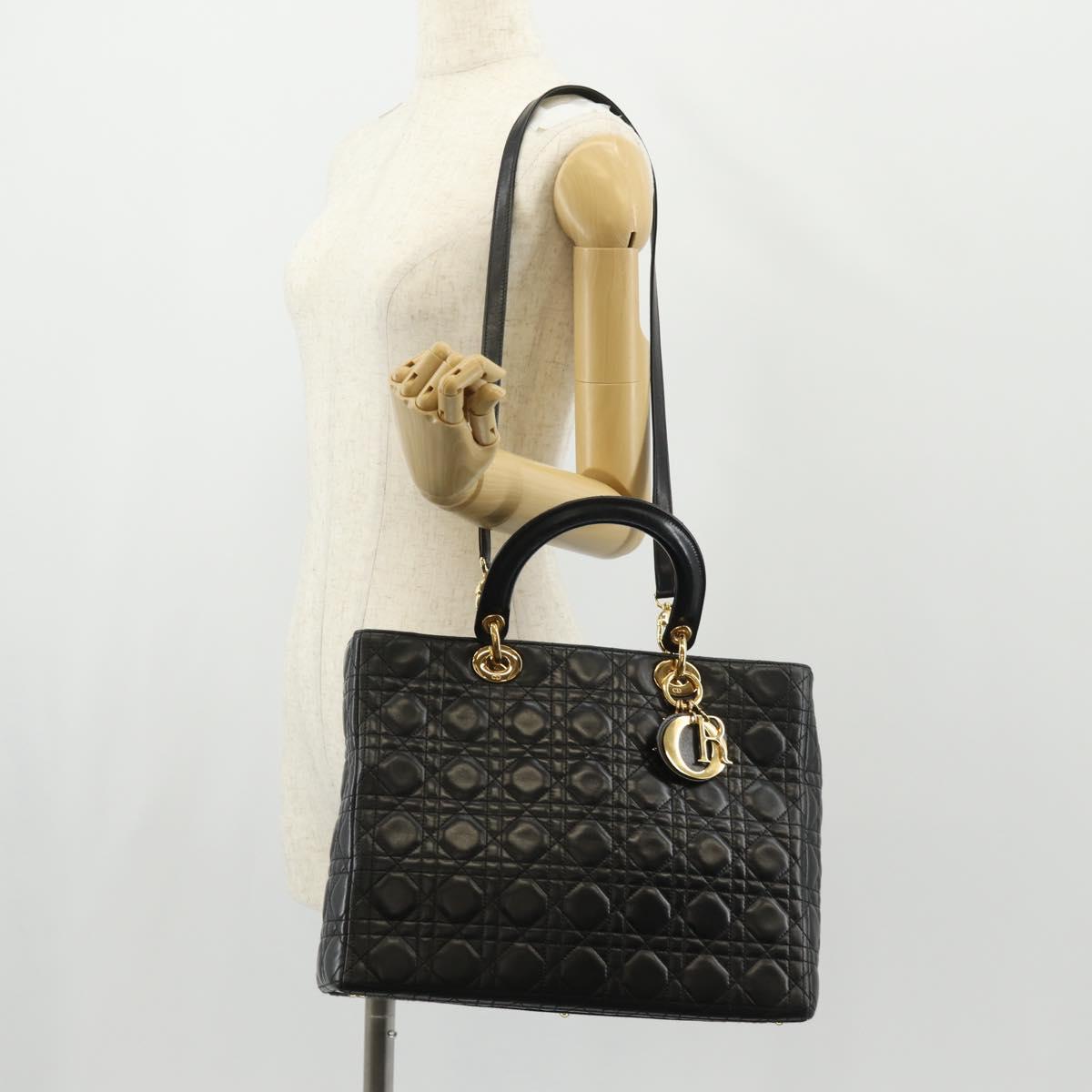 Christian Dior Canage Lady Dior Hand Bag Lamb Skin 2way Black Gold Auth 148689V