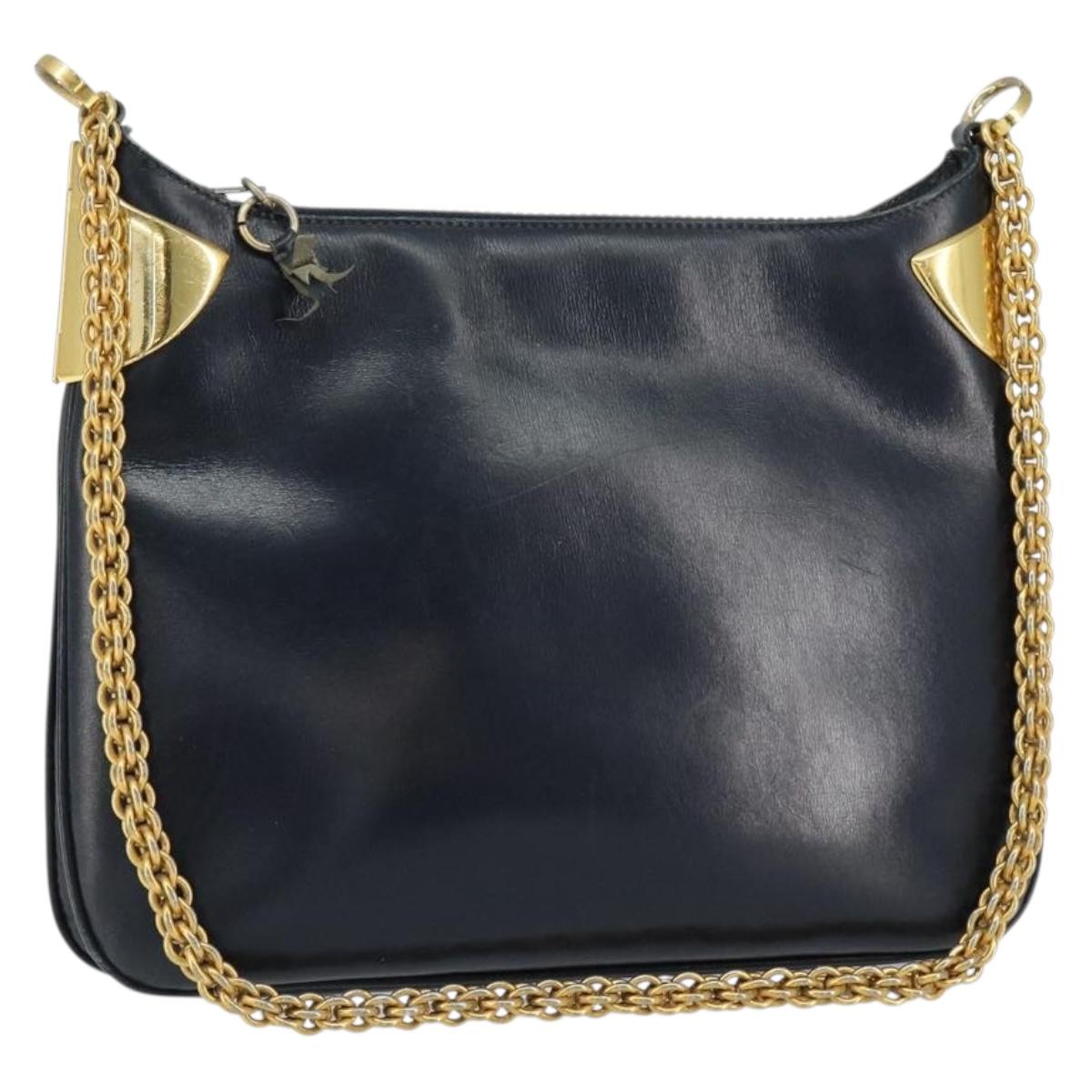 Old GUCCI Chain Shoulder Bag Leather Black Gold Auth 148693
