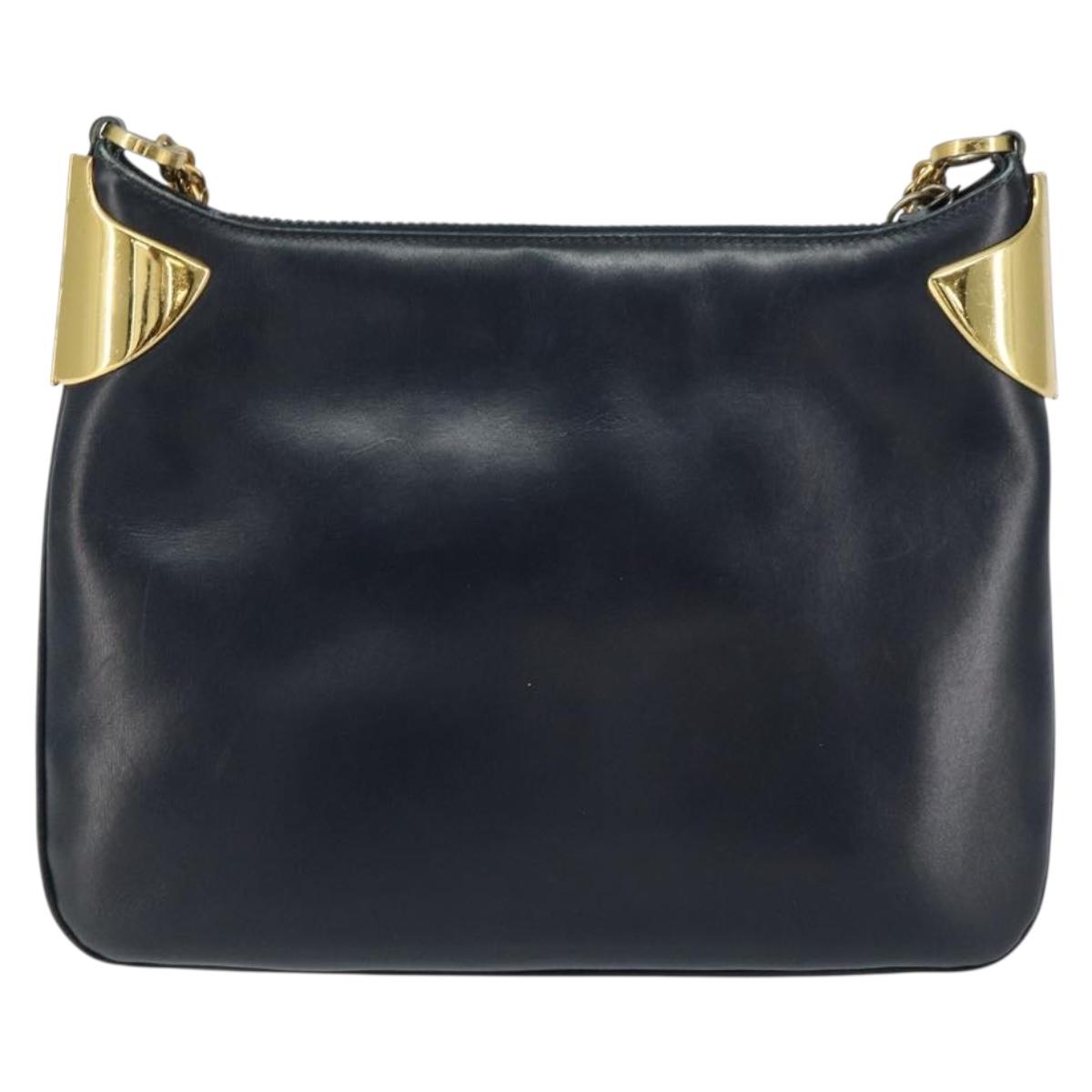 Old GUCCI Chain Shoulder Bag Leather Black Gold Auth 148693