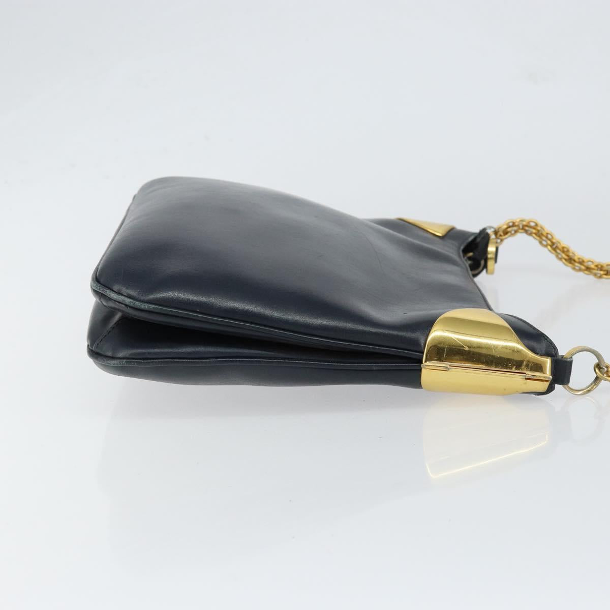 Old GUCCI Chain Shoulder Bag Leather Black Gold Auth 148693