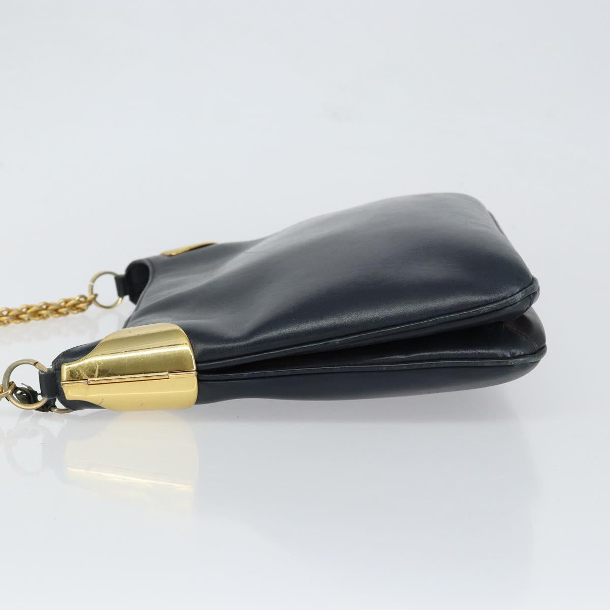 Old GUCCI Chain Shoulder Bag Leather Black Gold Auth 148693