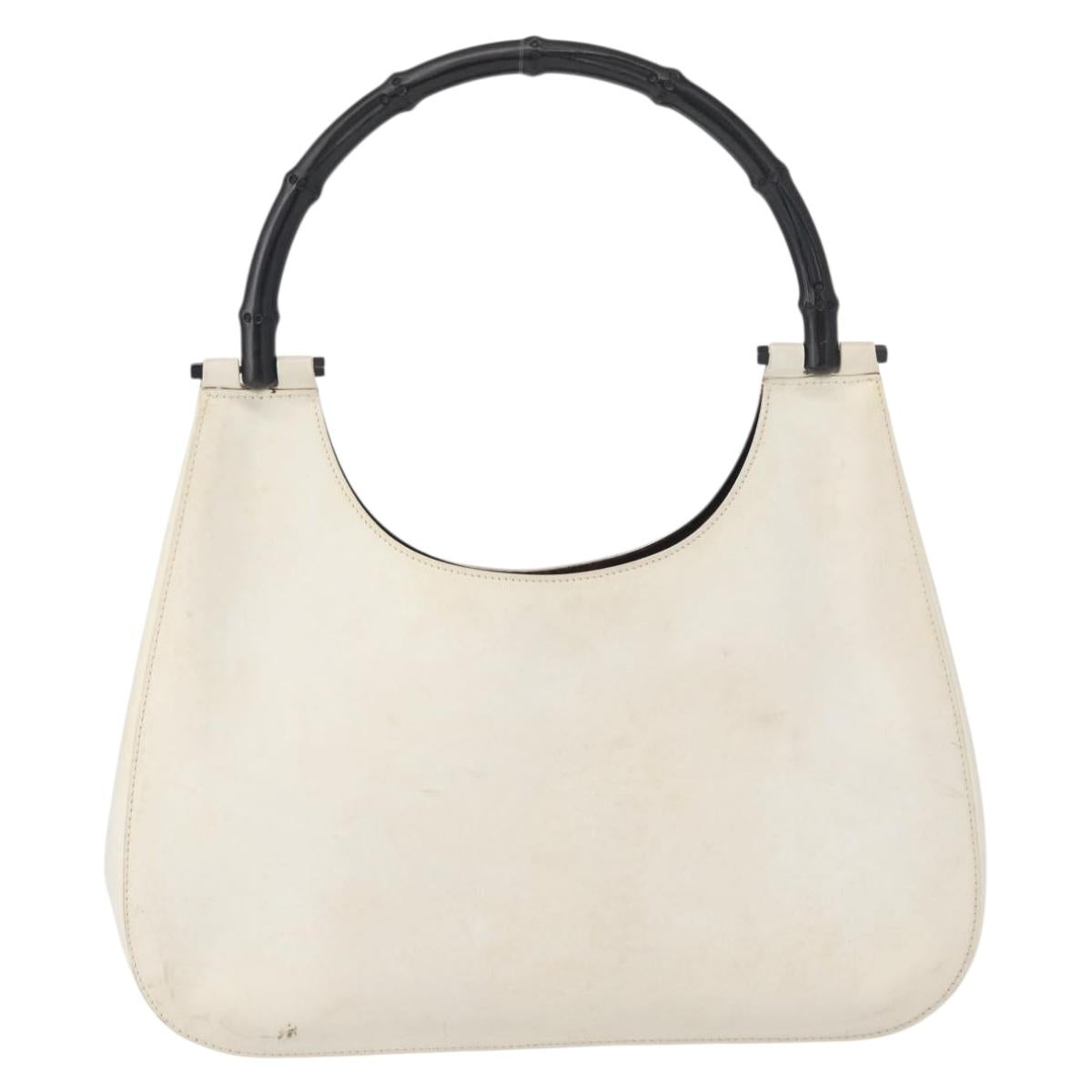 GUCCI Bamboo Shoulder Bag Leather White Silver 001 3739 Auth 148696