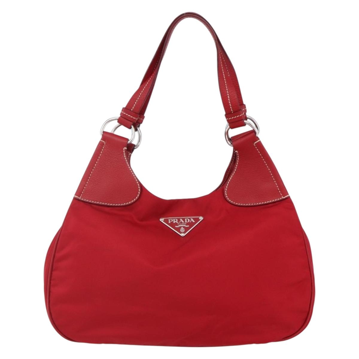 PRADA Shoulder Bag Nylon Leather Red Silver Auth 148785V