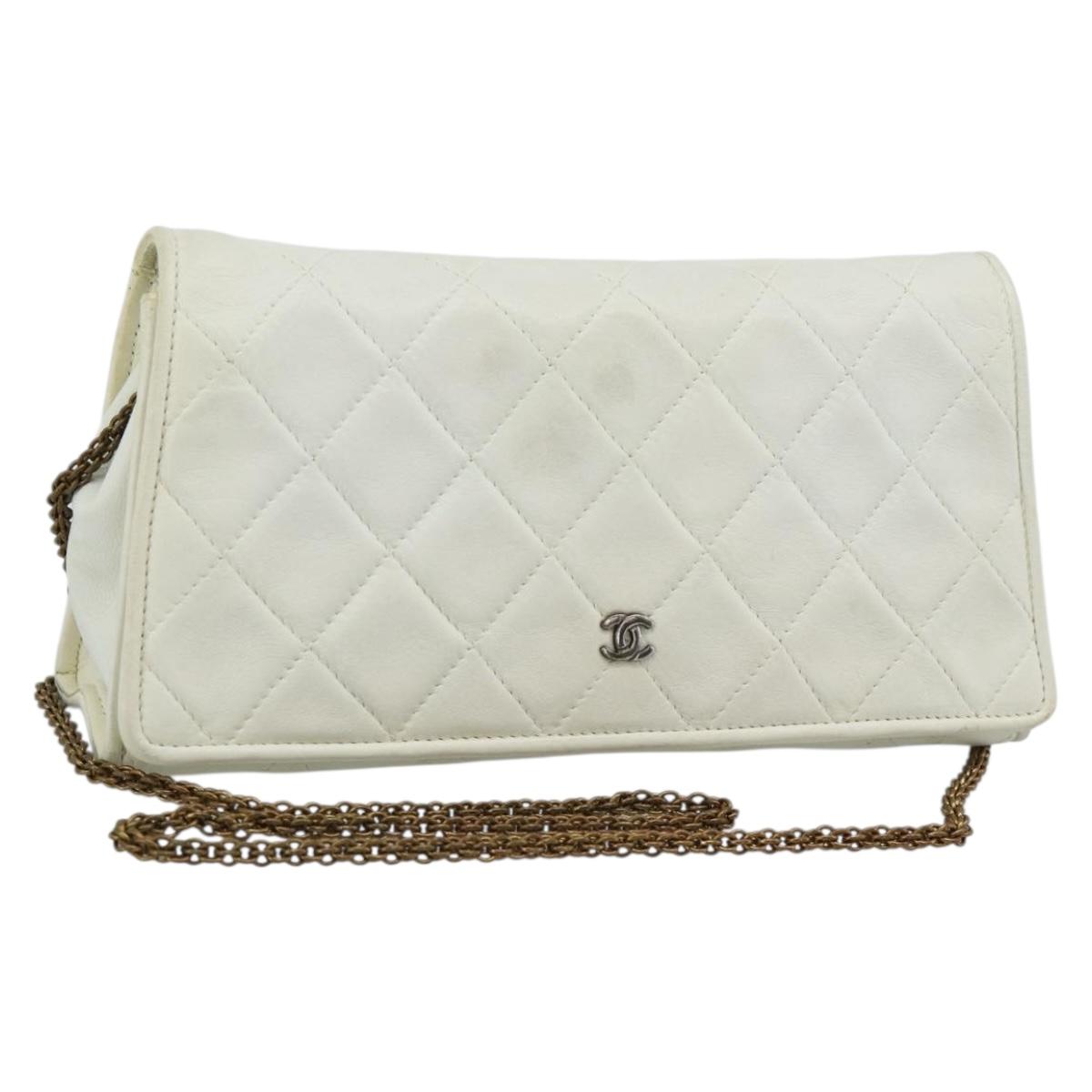 CHANEL Matelasse Chain Shoulder Bag Lamb Skin White Gold CC Auth 148797