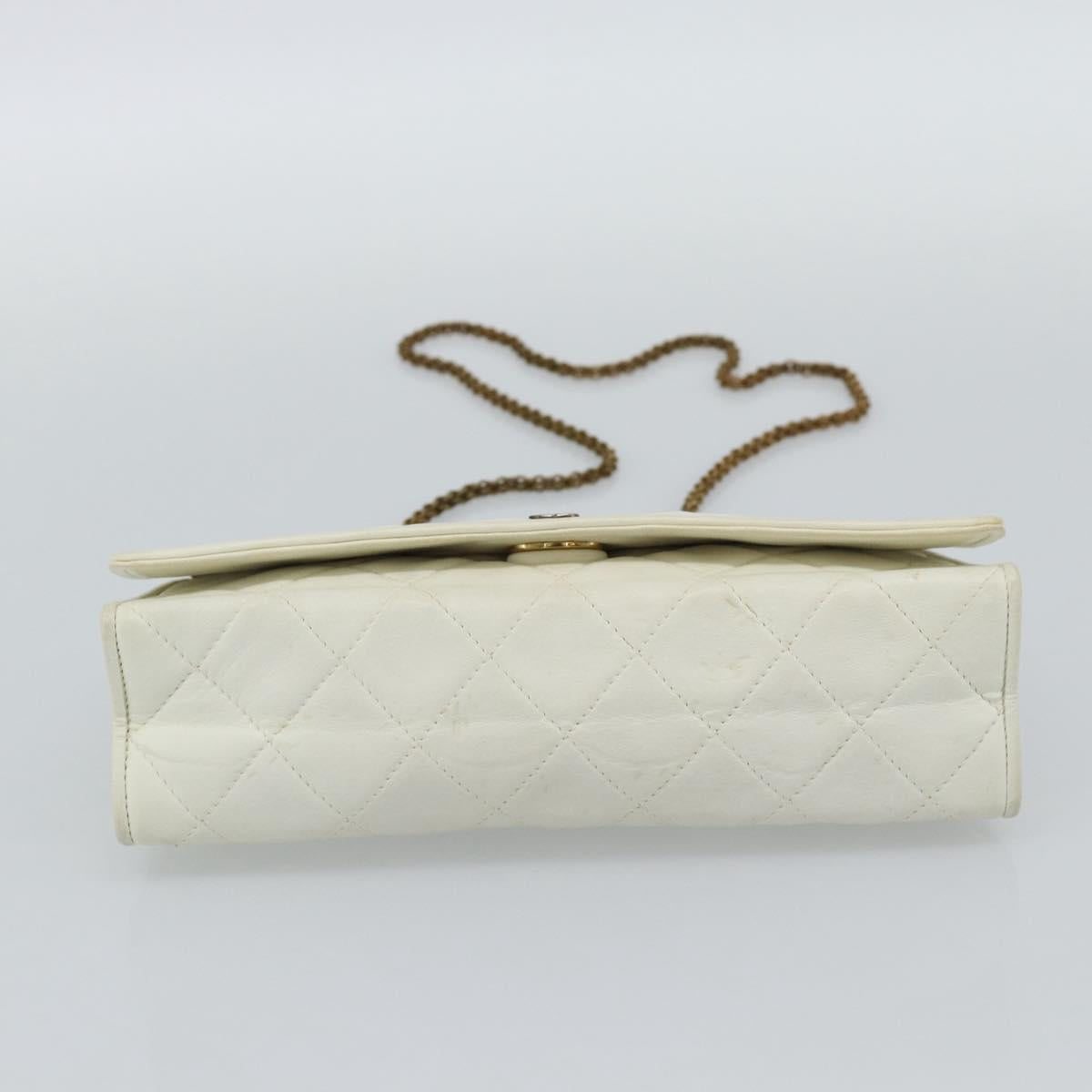 CHANEL Matelasse Chain Shoulder Bag Lamb Skin White Gold CC Auth 148797