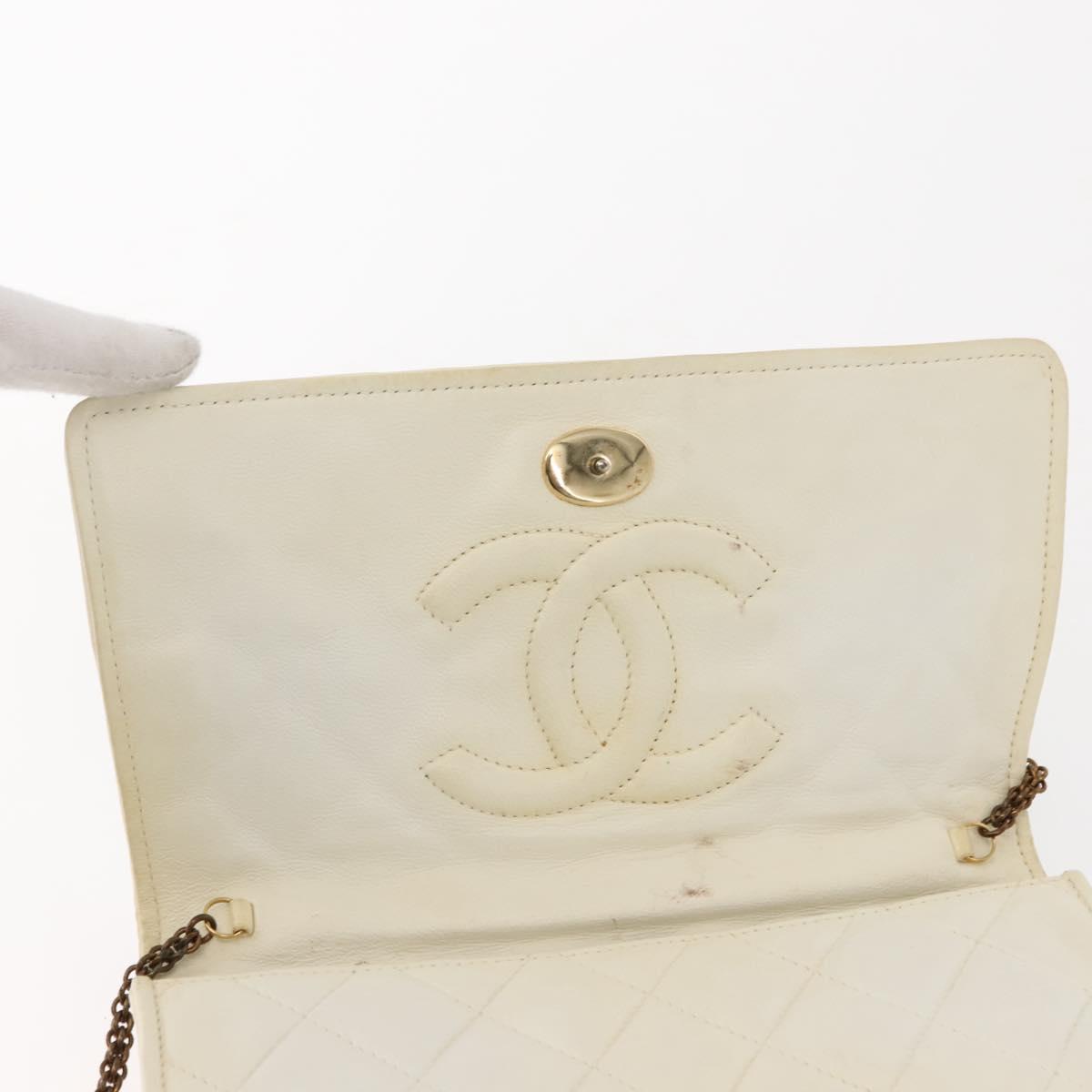 CHANEL Matelasse Chain Shoulder Bag Lamb Skin White Gold CC Auth 148797
