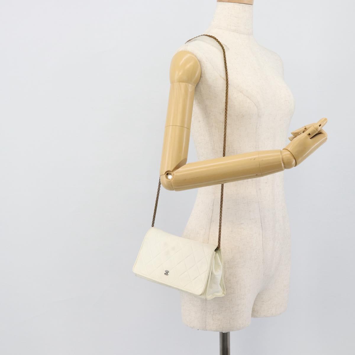 CHANEL Matelasse Chain Shoulder Bag Lamb Skin White Gold CC Auth 148797