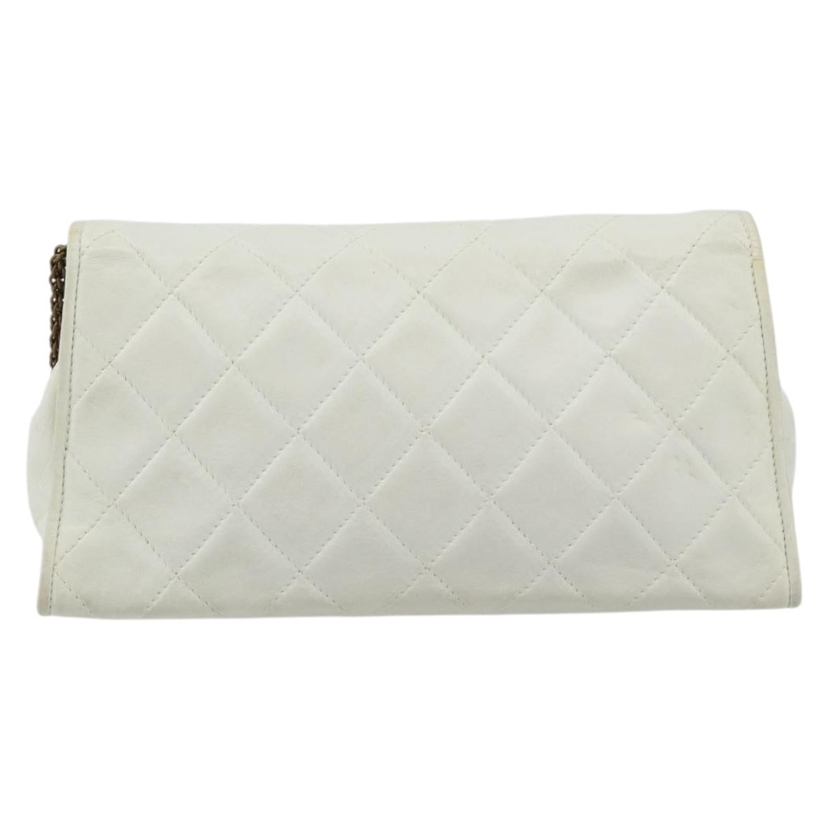 CHANEL Matelasse Chain Shoulder Bag Lamb Skin White Gold CC Auth 148797