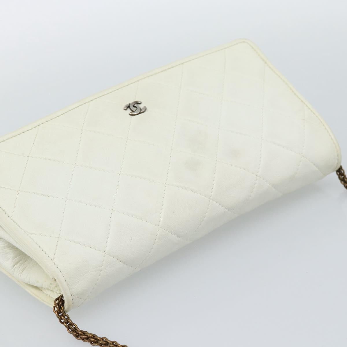 CHANEL Matelasse Chain Shoulder Bag Lamb Skin White Gold CC Auth 148797