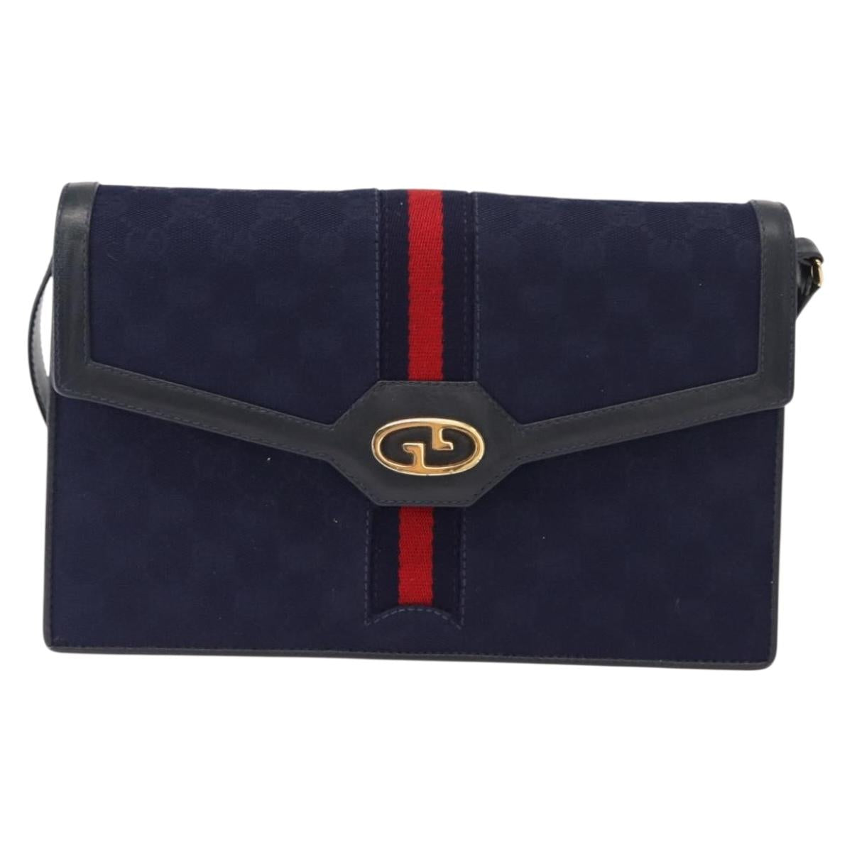 GUCCI GG Canvas Sherry Line Shoulder Bag Navy Gold Red Auth 148806
