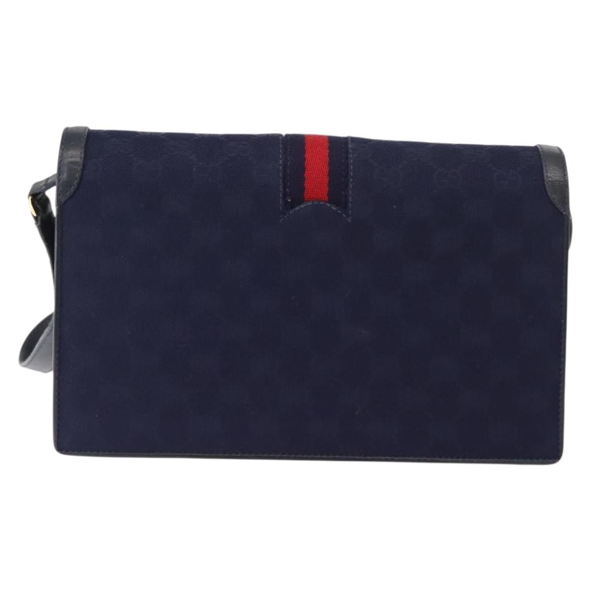 GUCCI GG Canvas Sherry Line Shoulder Bag Navy Gold Red Auth 148806
