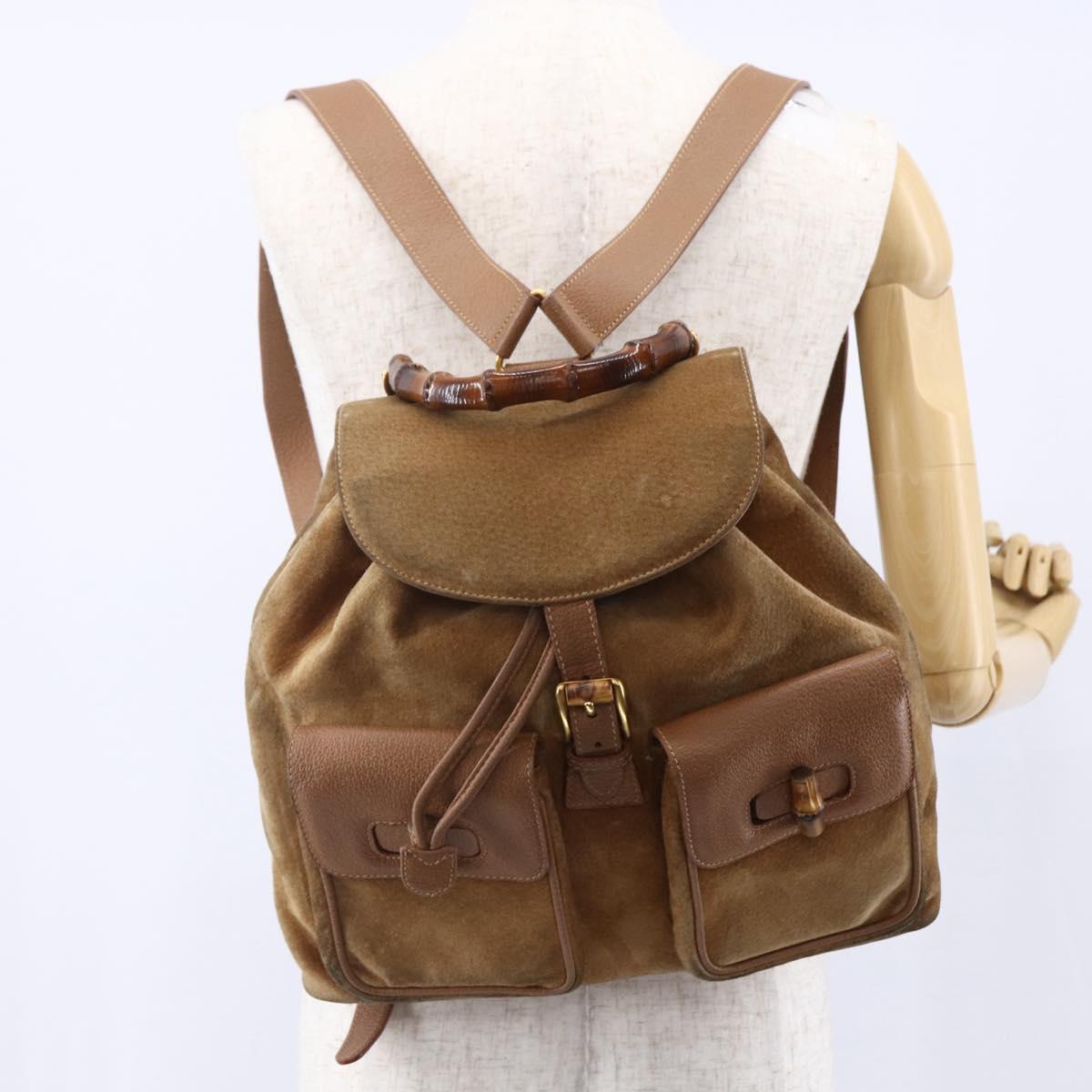 GUCCI Bamboo Backpack Suede Brown Gold 003 2058 0016 Auth 148819