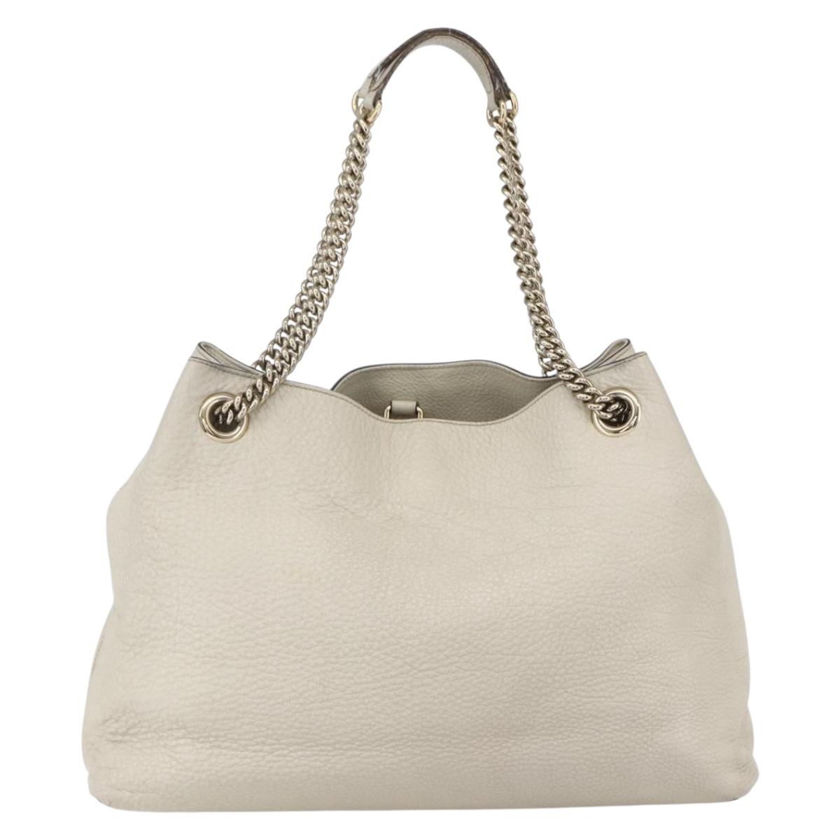 GUCCI Chain Soho Shoulder Bag Leather White Gold 308982 Auth 148838