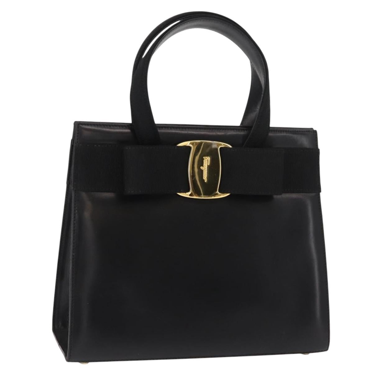 Salvatore Ferragamo Vala Hand Bag Leather Black Gold Auth 148890