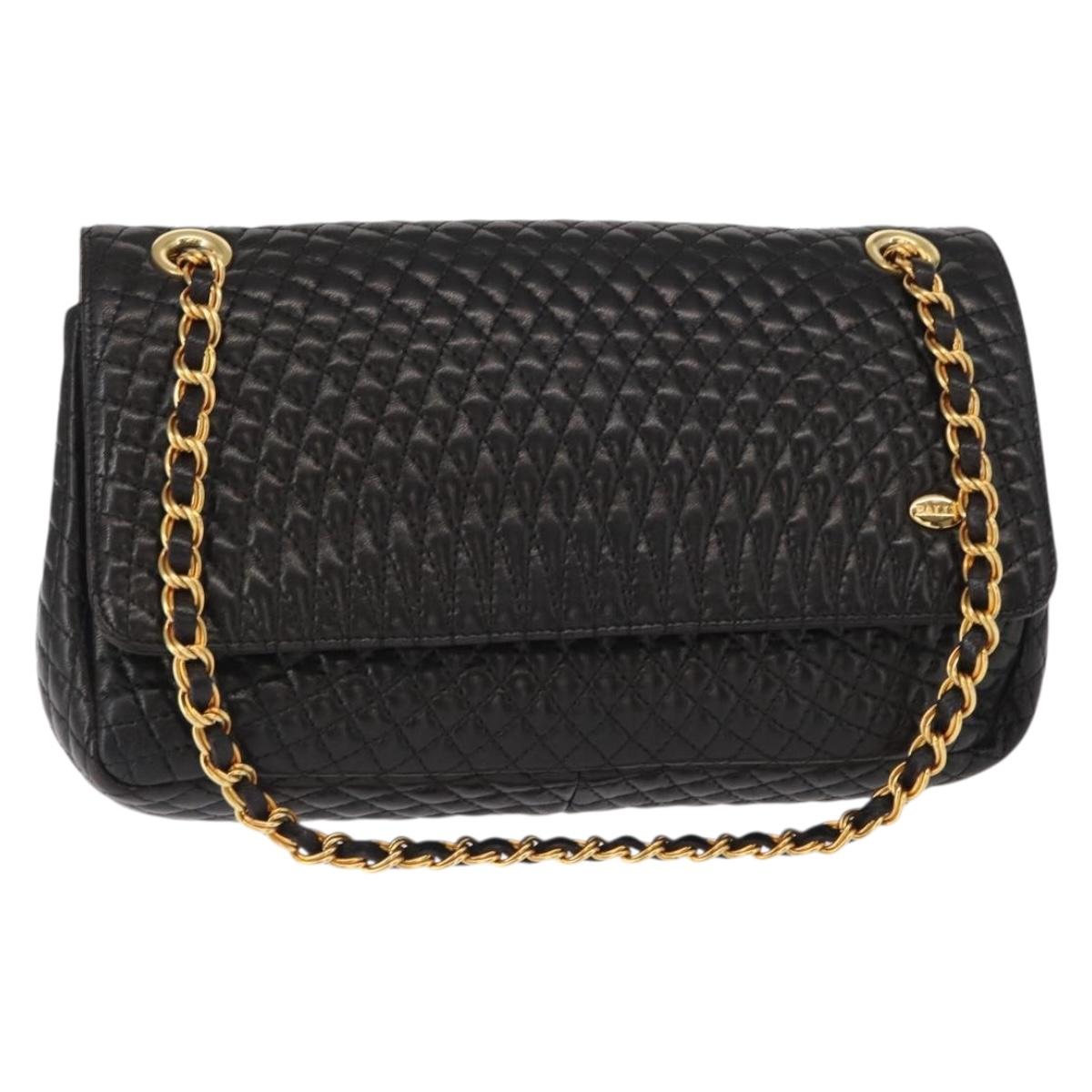 BALLY Chain Shoulder Bag Leather Black Gold Auth 148916