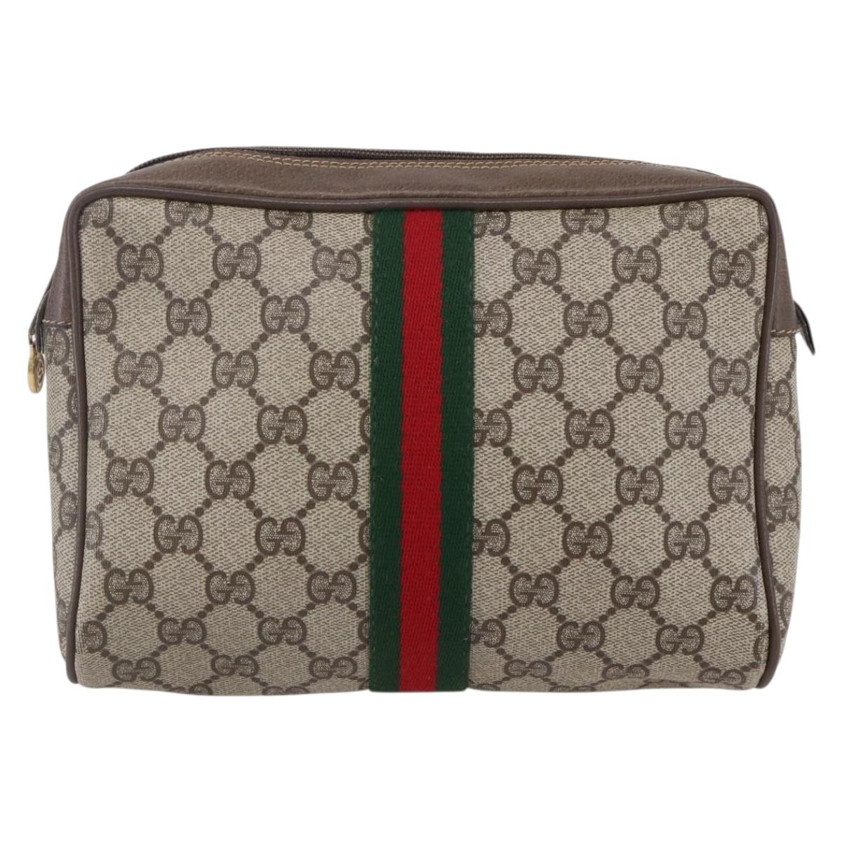 GUCCI GG Supreme Web Sherry Line Clutch Bag PVC Beige Gold 22 01 012 Auth 148937