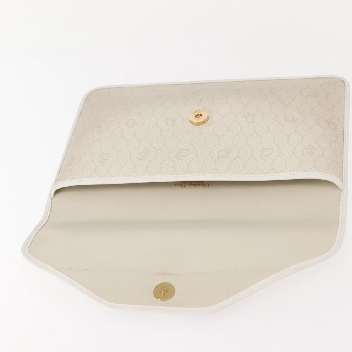 Christian Dior Honeycomb Canvas Clutch Bag PVC Leather White Gold Auth 148952
