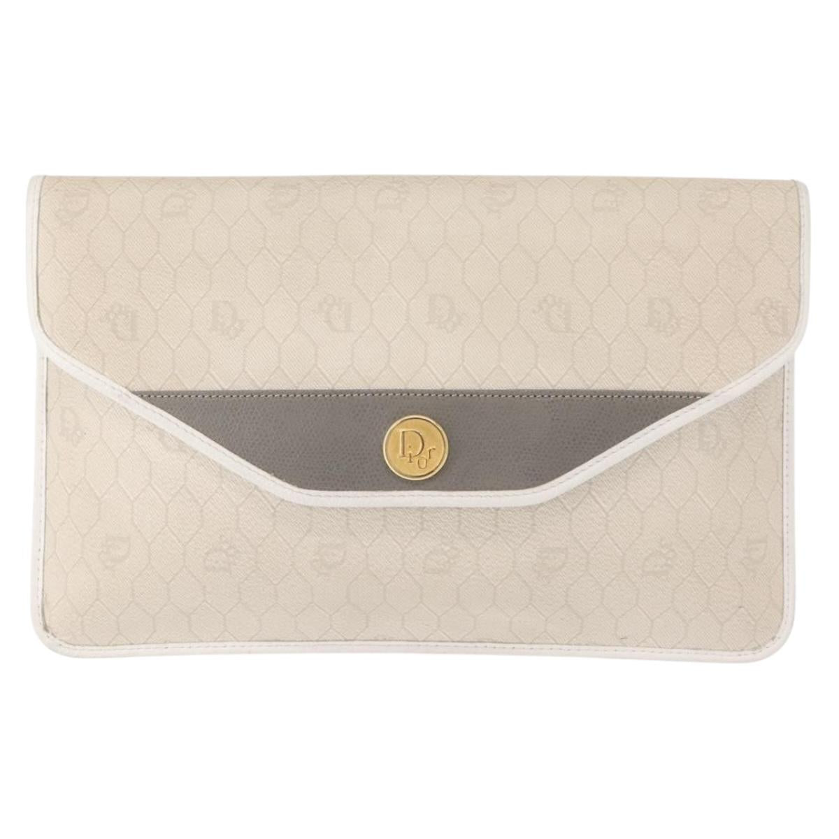 Christian Dior Honeycomb Canvas Clutch Bag PVC Leather White Gold Auth 148952