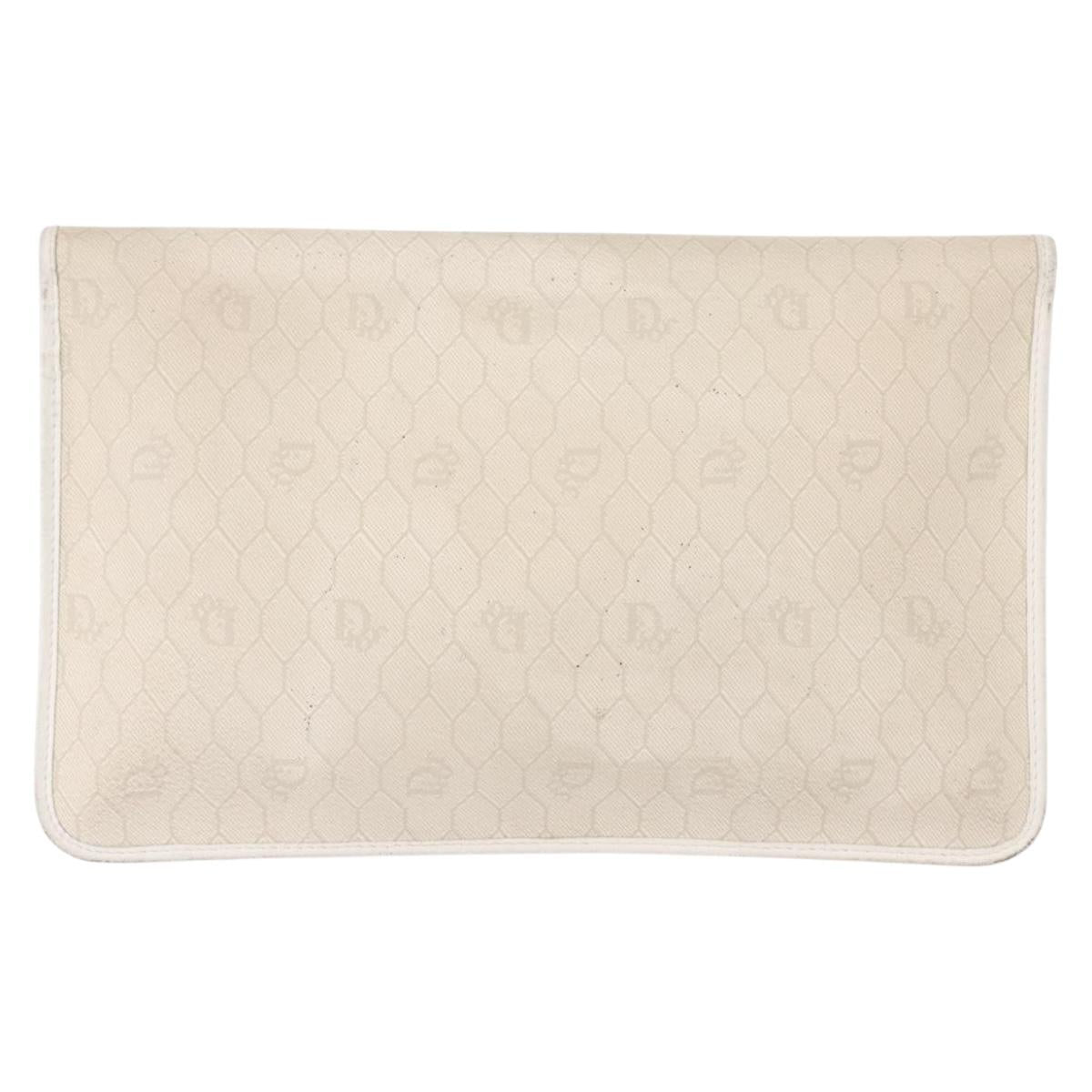 Christian Dior Honeycomb Canvas Clutch Bag PVC Leather White Gold Auth 148952