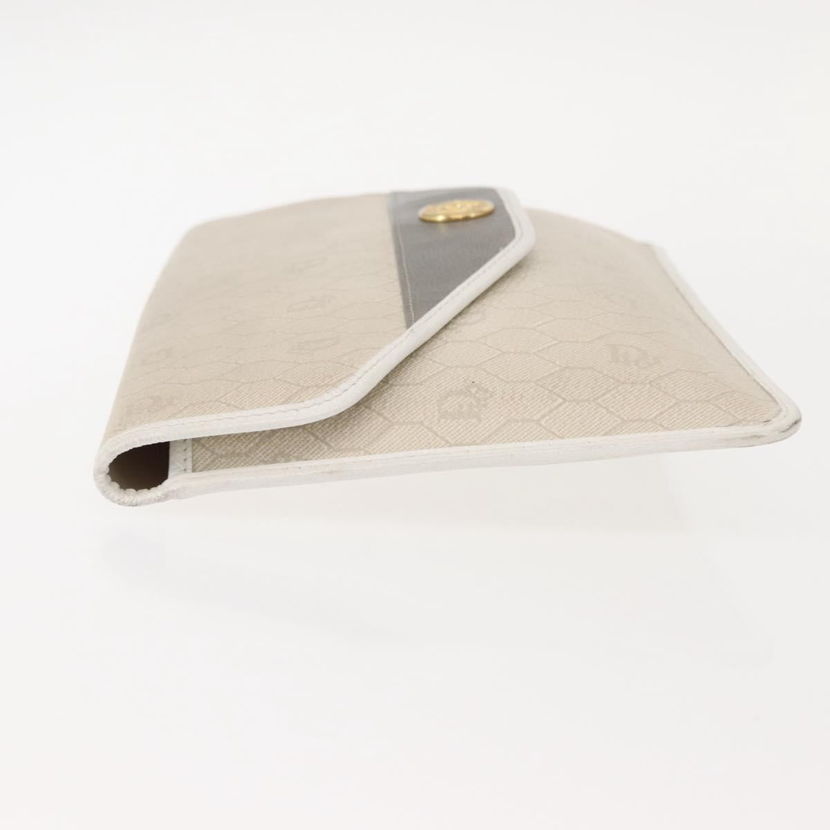 Christian Dior Honeycomb Canvas Clutch Bag PVC Leather White Gold Auth 148952