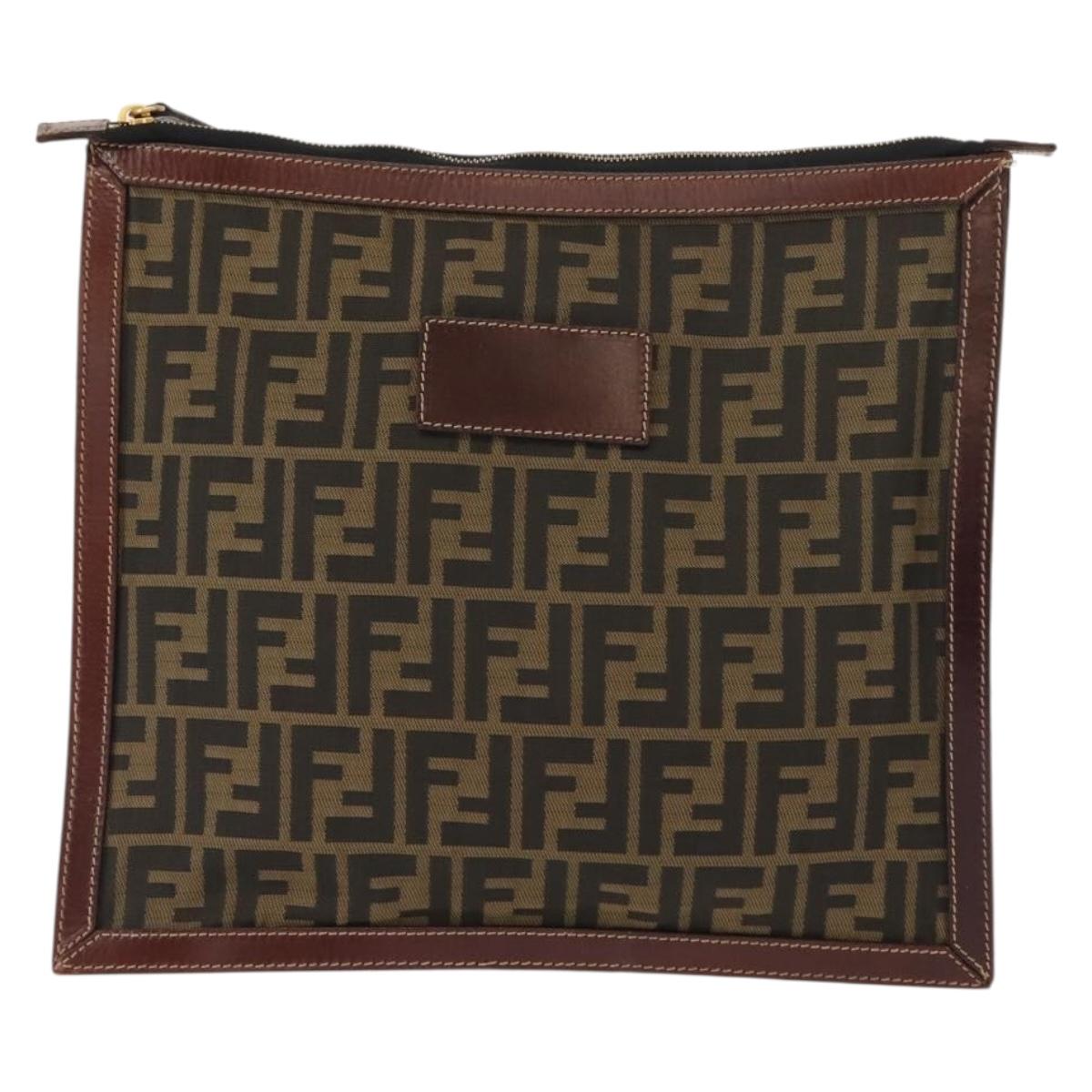 FENDI Zucca Canvas Clutch Bag Black Brown gold Auth 148959
