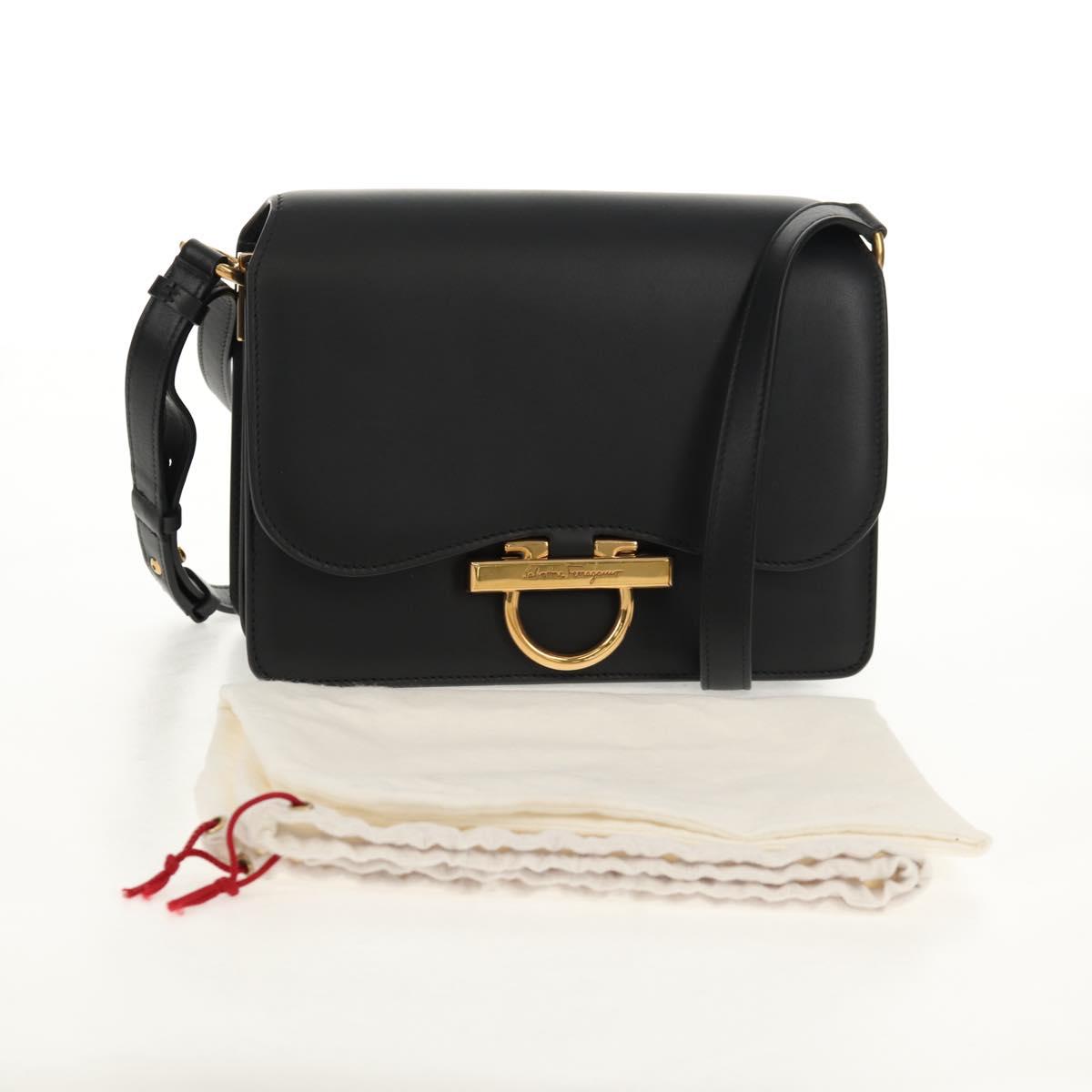 Salvatore Ferragamo Gancini Joan Shoulder Bag Leather Black Gold Auth 149044V