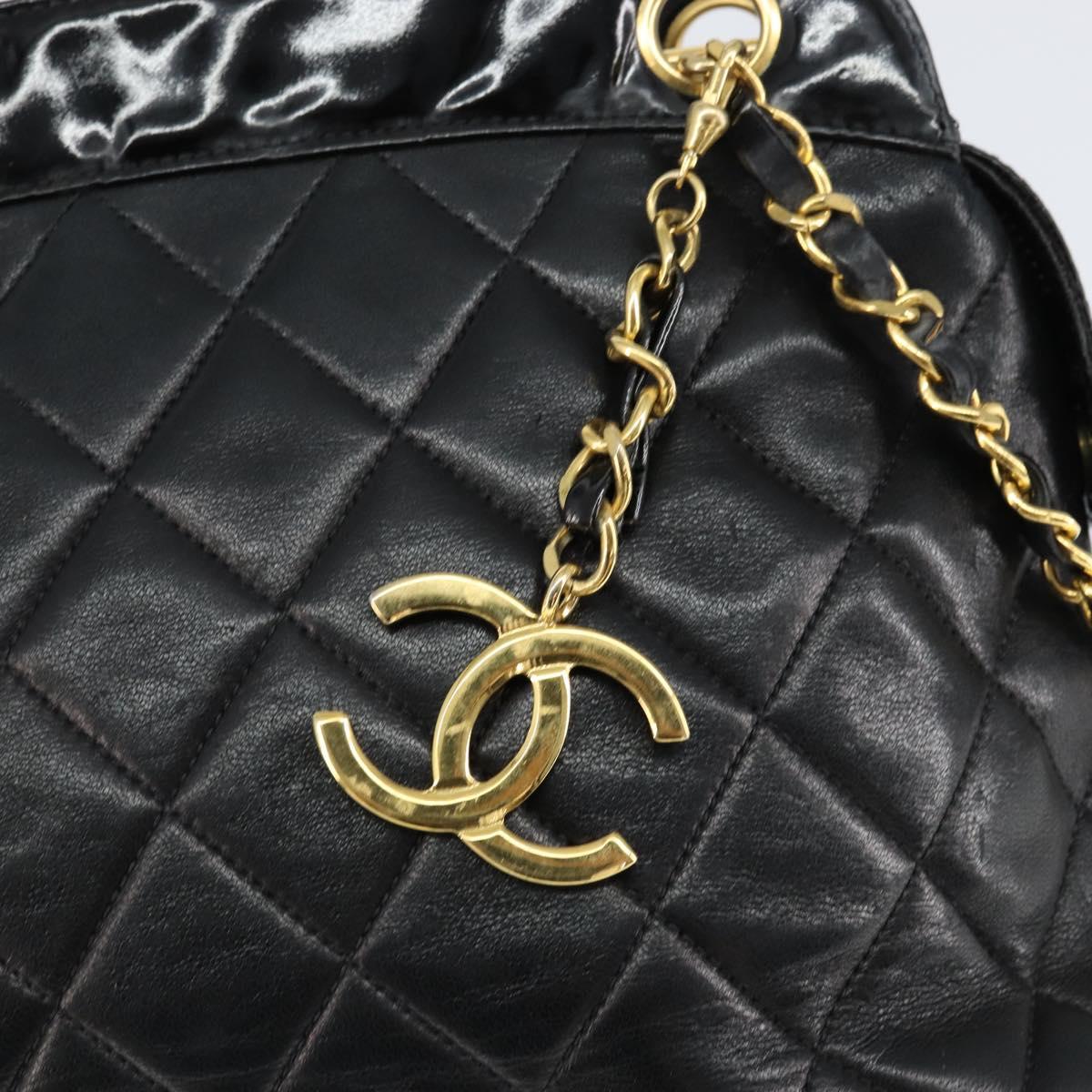 CHANEL Chain Shoulder Bag Lamb Skin Black Gold CC Auth 149046