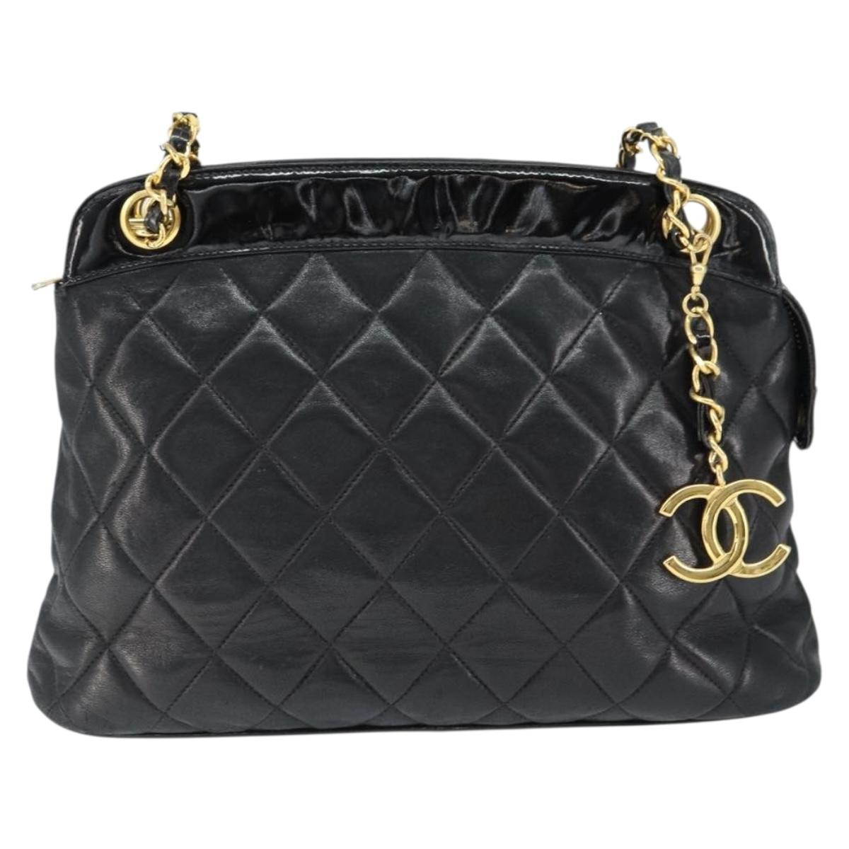 CHANEL Chain Shoulder Bag Lamb Skin Black Gold CC Auth 149046