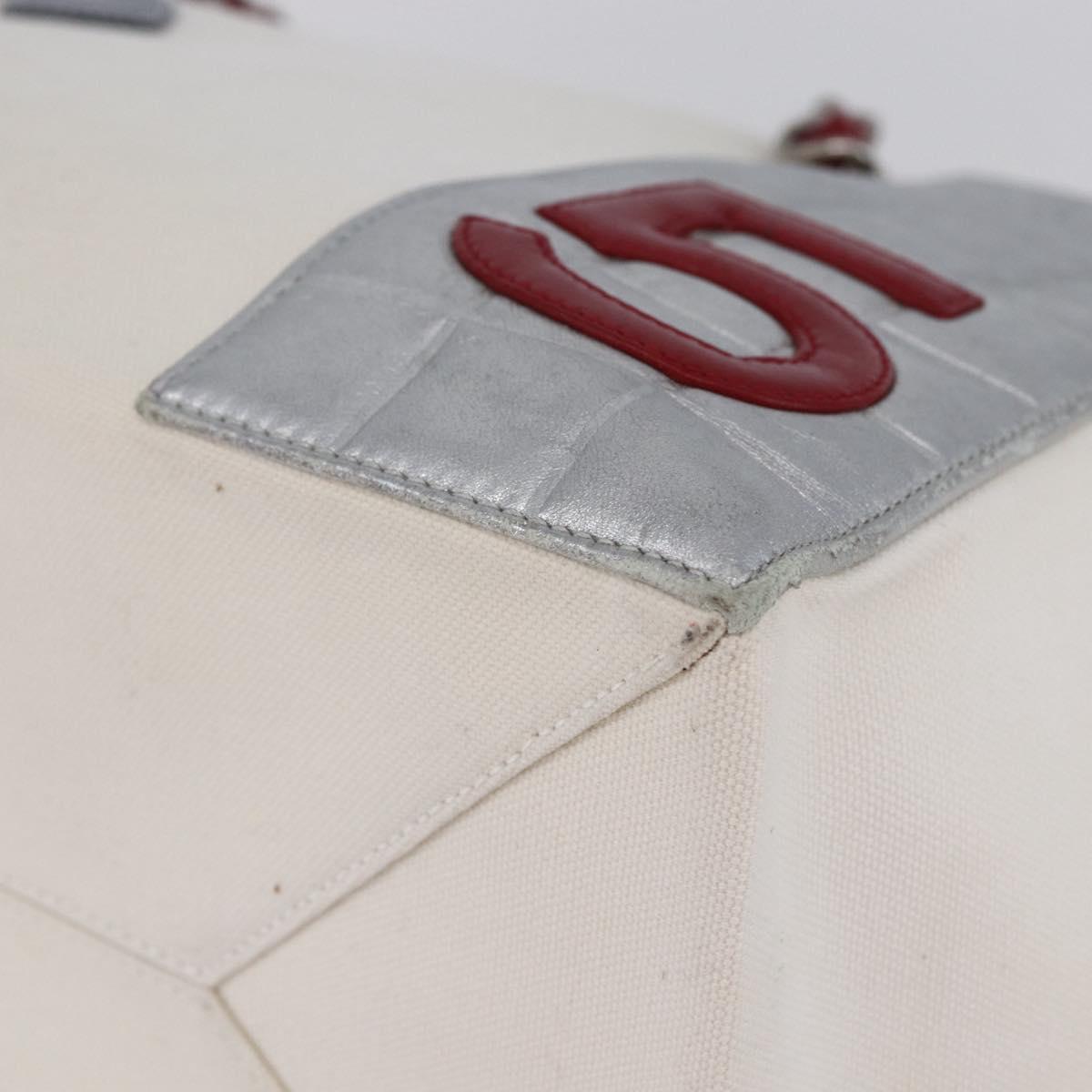 CHANEL Choco Bar Chain Shoulder Bag No5 Canvas Ivory Silver CC Auth 149068