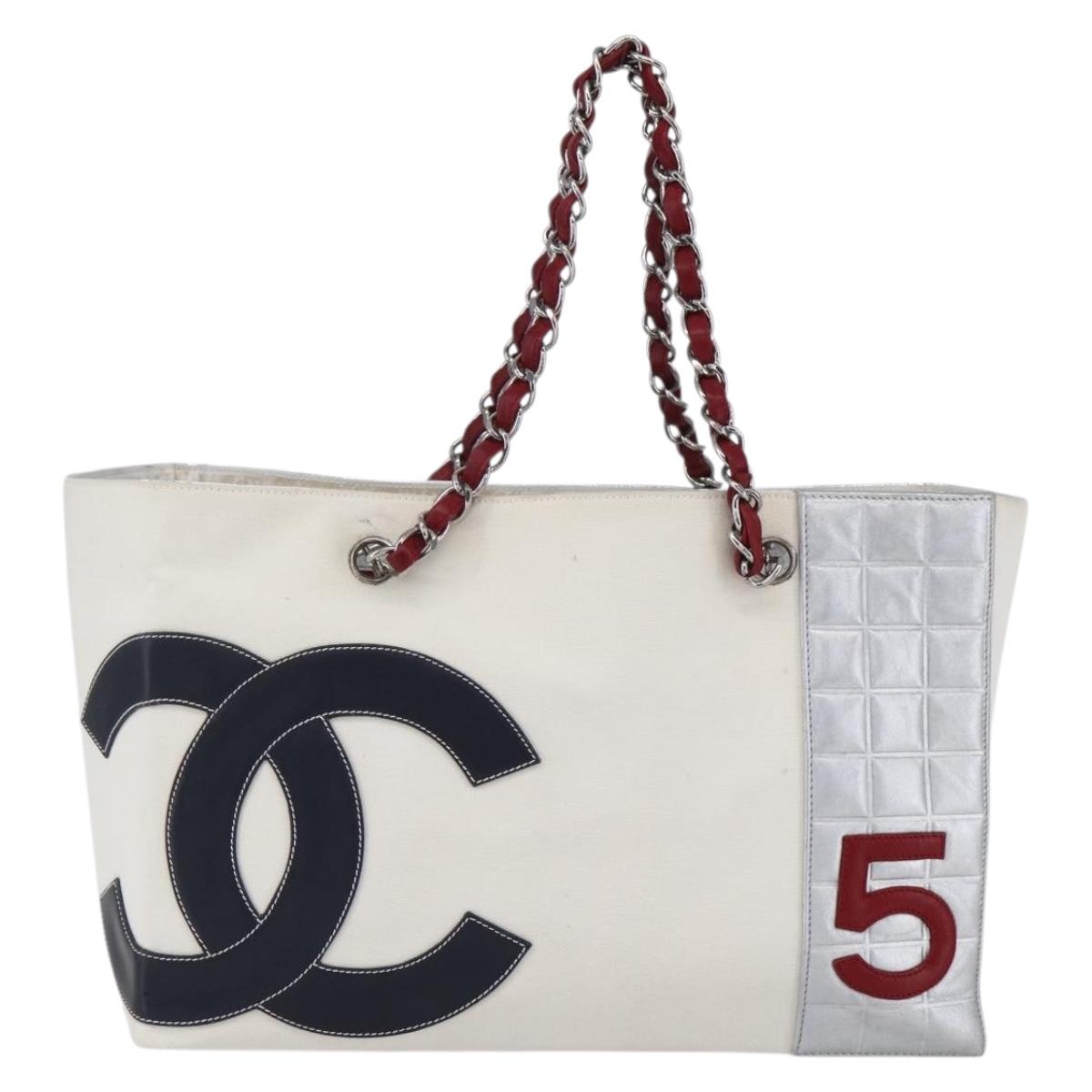 CHANEL Choco Bar Chain Shoulder Bag No5 Canvas Ivory Silver CC Auth 149068