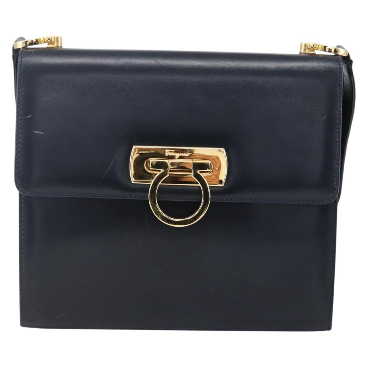 Salvatore Ferragamo Gancini Shoulder Bag Leather Navy Gold Auth 149086