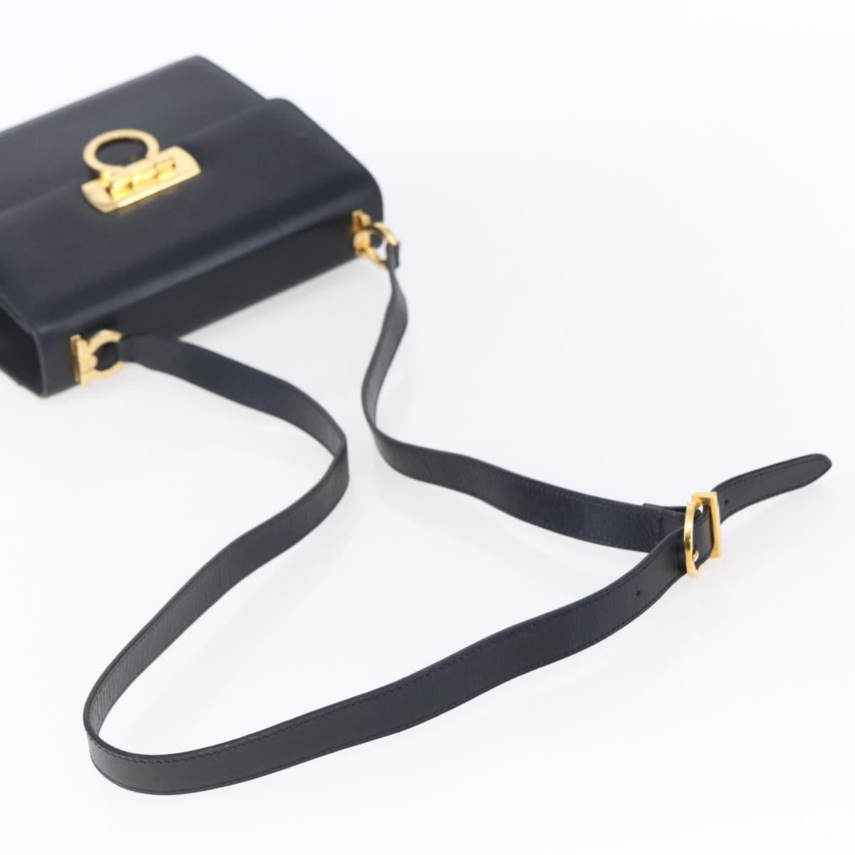Salvatore Ferragamo Gancini Shoulder Bag Leather Navy Gold Auth 149086