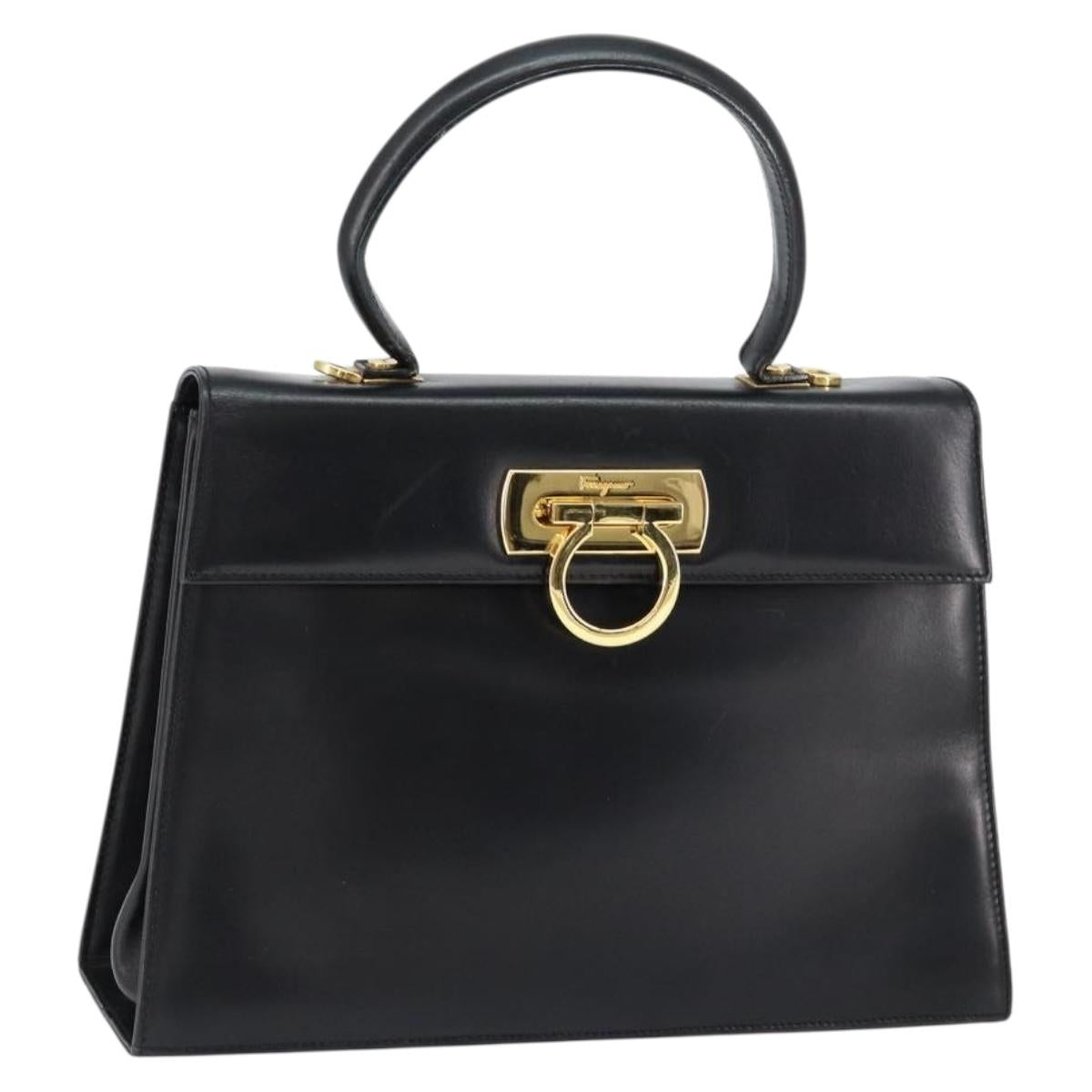 Salvatore Ferragamo Gancini Hand Bag Leather Black Gold Auth 149087