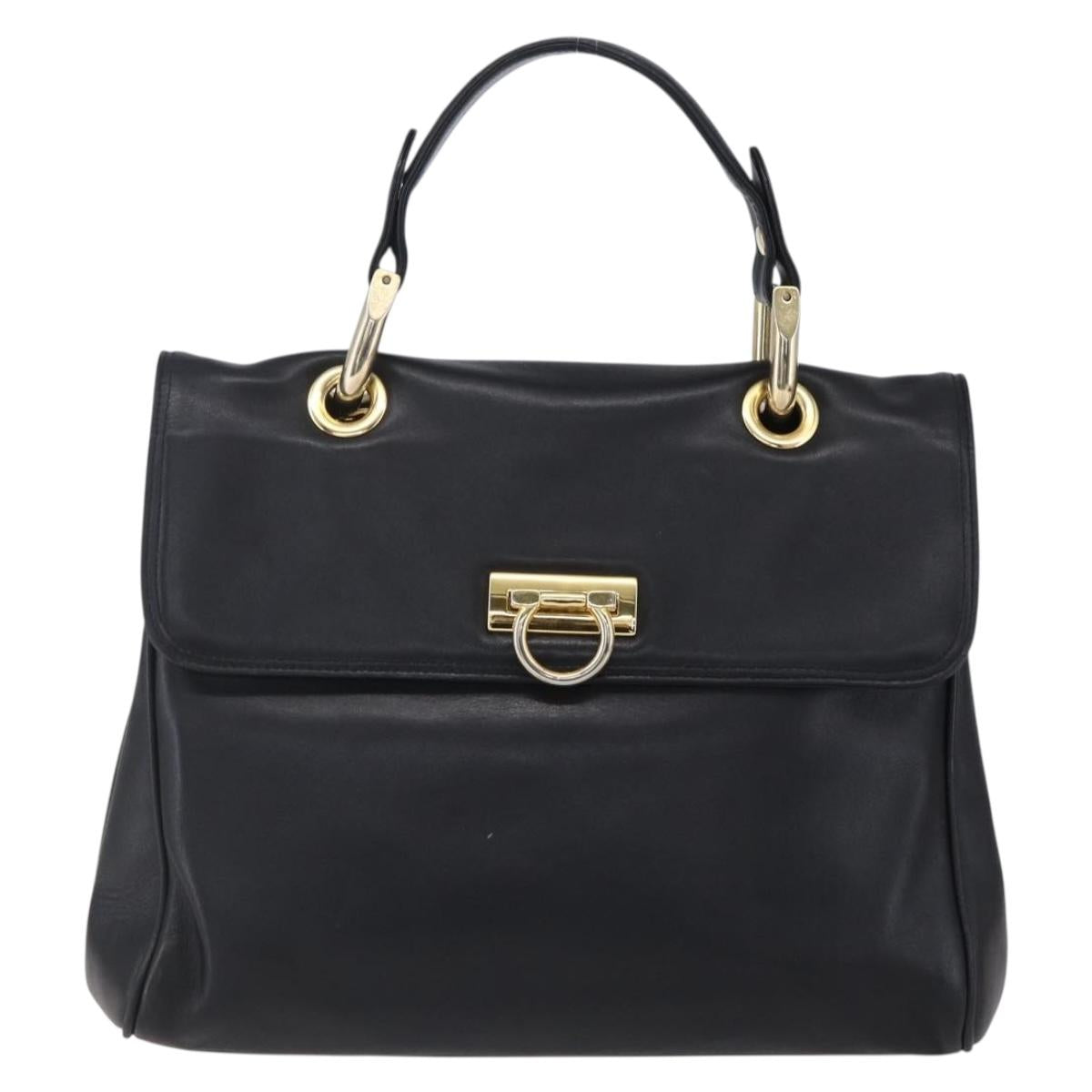 BALLY Hand Bag Leather Black Gold Auth 149088